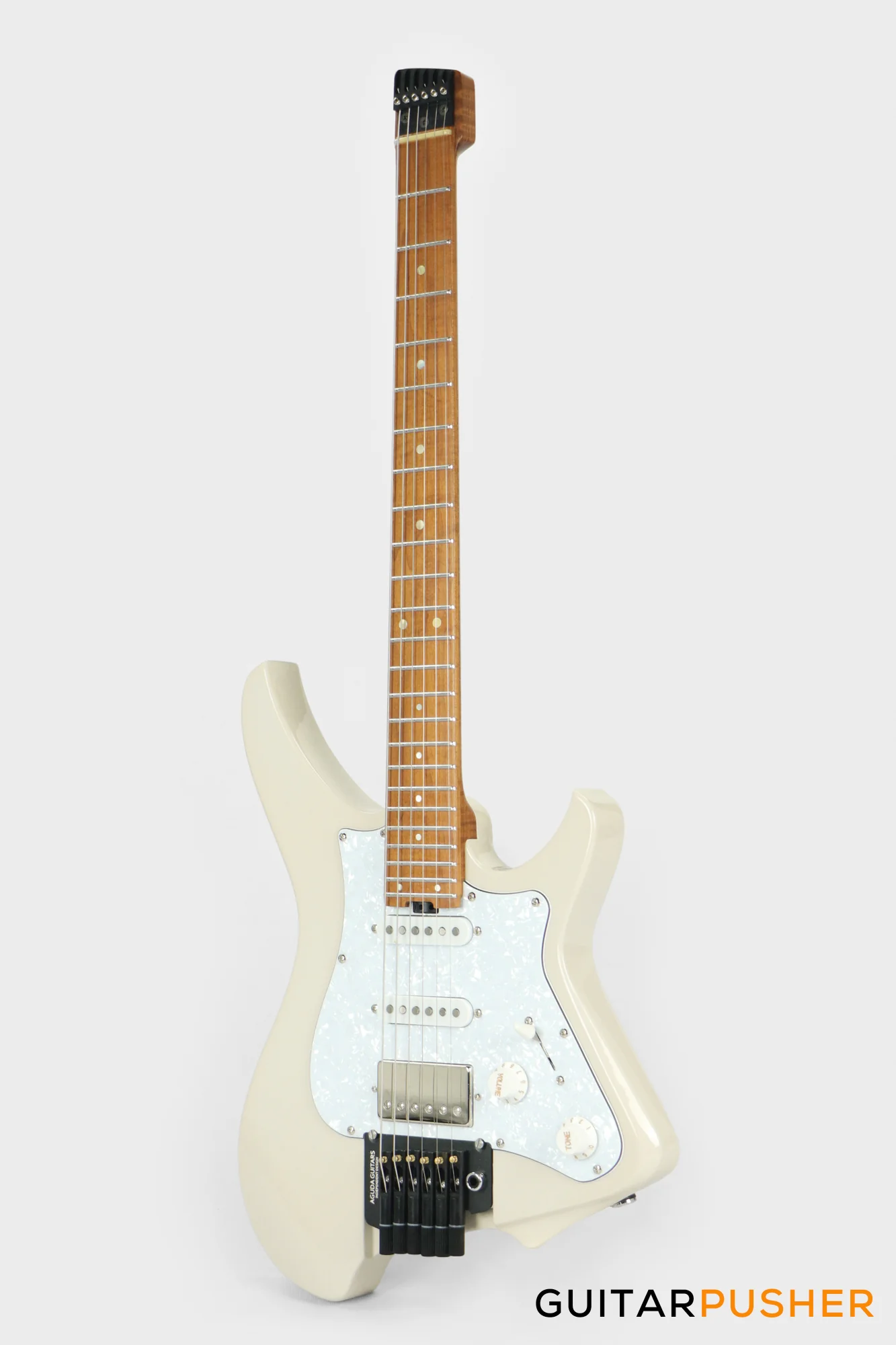 Aguda Musicboy Pro Headless Electric Guitar Alder Body Roasted Maple Fretboard - Olympic White w/ Pearloid Pickguard - Image 6