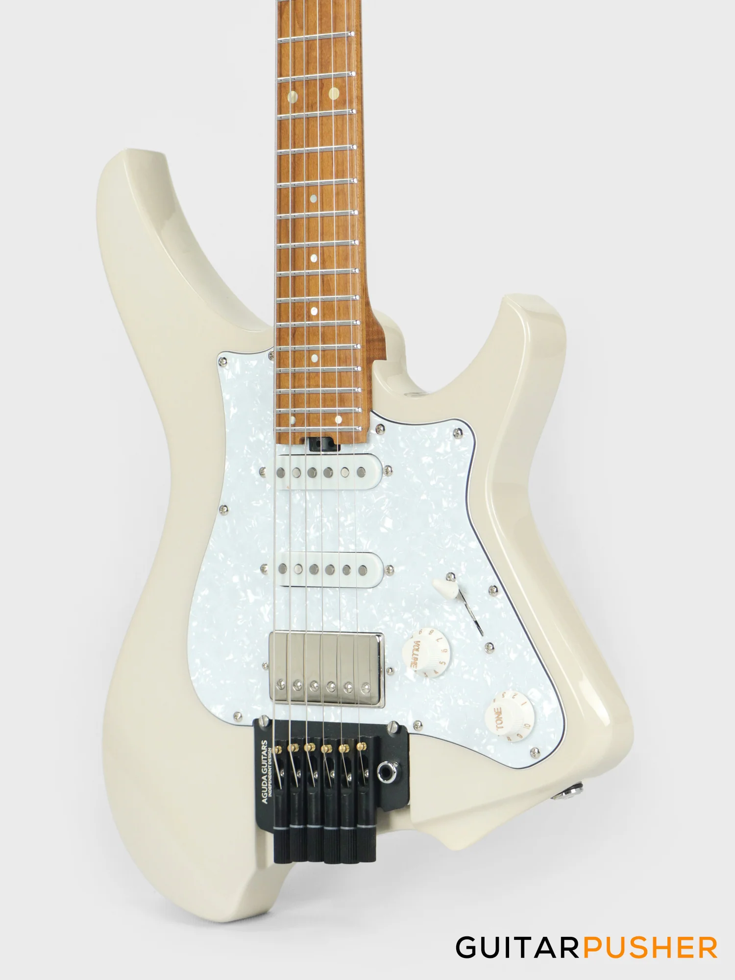Aguda Musicboy Pro Headless Electric Guitar Alder Body Roasted Maple Fretboard - Olympic White w/ Pearloid Pickguard - Image 7