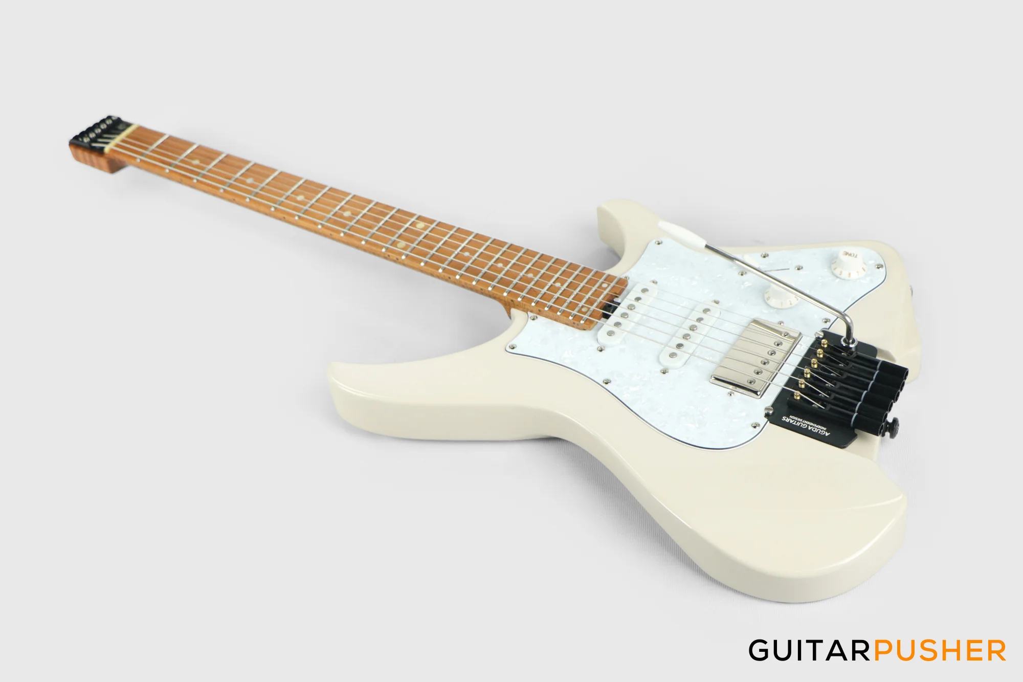 Aguda Musicboy Pro Headless Electric Guitar Alder Body Roasted Maple Fretboard - Olympic White w/ Pearloid Pickguard - Image 8