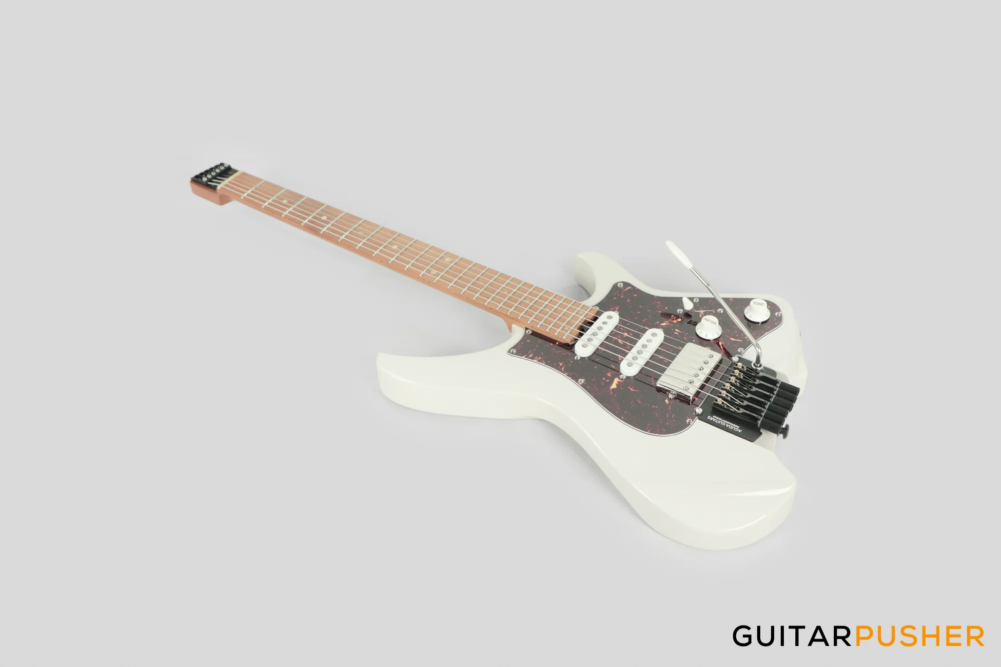 Aguda Musicboy Pro Headless Electric Guitar Alder Body Roasted Maple Fretboard - Olympic White w/ Tortoise Shell Pickguard - Image 10