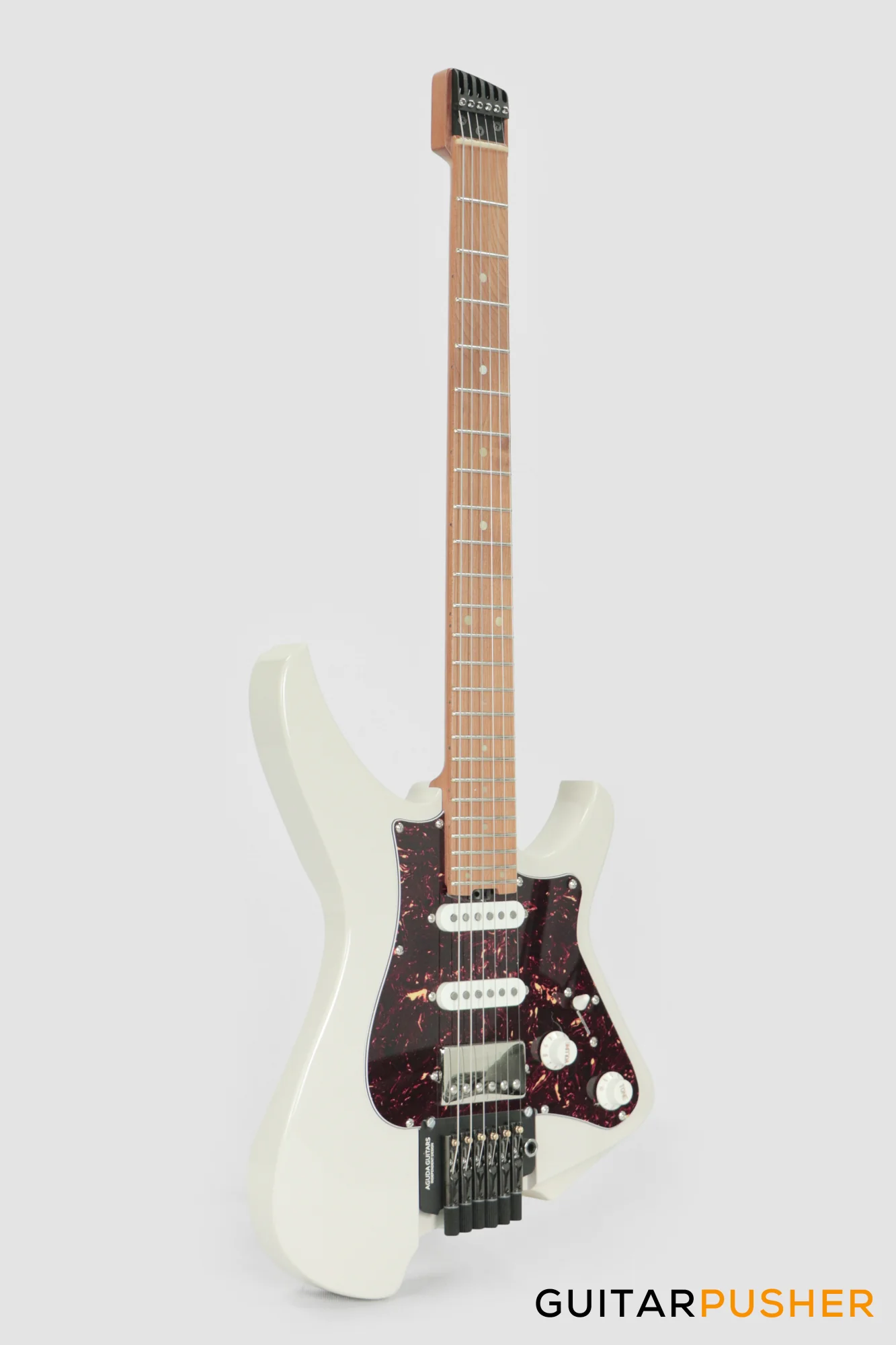 Aguda Musicboy Pro Headless Electric Guitar Alder Body Roasted Maple Fretboard - Olympic White w/ Tortoise Shell Pickguard - Image 4