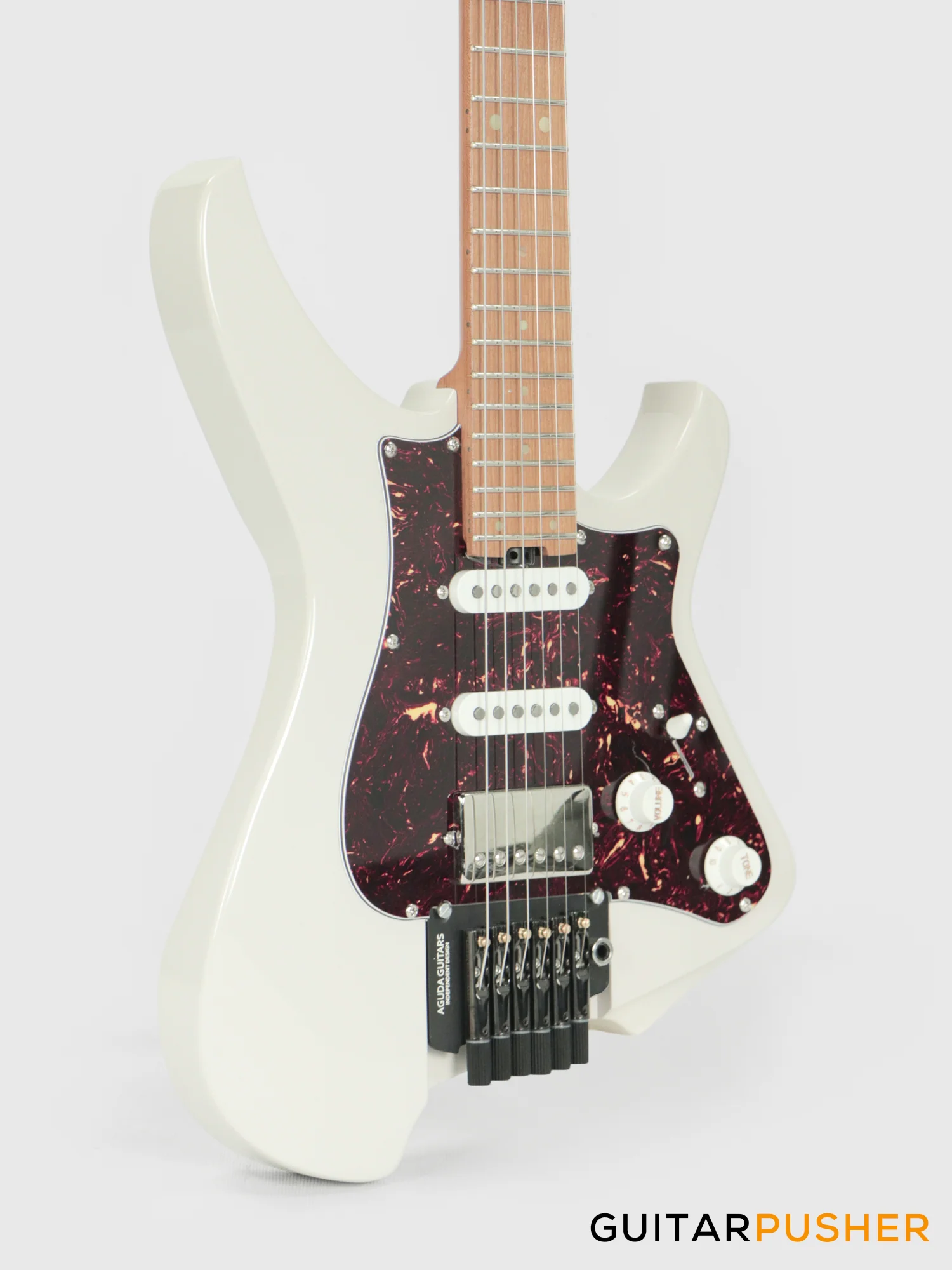 Aguda Musicboy Pro Headless Electric Guitar Alder Body Roasted Maple Fretboard - Olympic White w/ Tortoise Shell Pickguard - Image 5