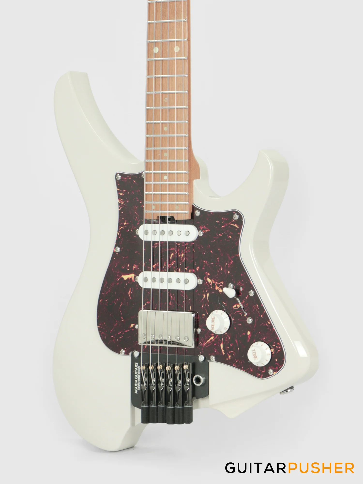 Aguda Musicboy Pro Headless Electric Guitar Alder Body Roasted Maple Fretboard - Olympic White w/ Tortoise Shell Pickguard - Image 9