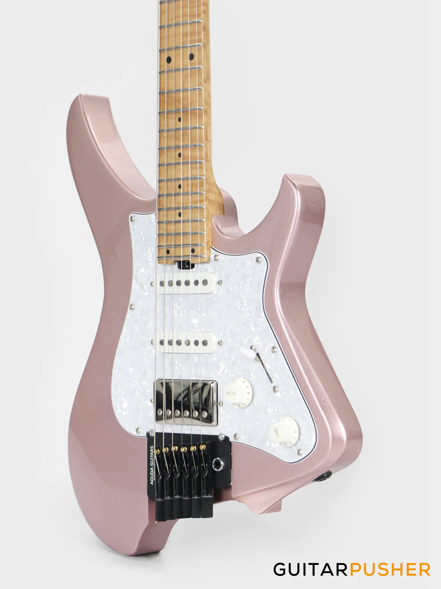 Aguda Musicboy Pro Headless Electric Guitar Alder Body Roasted Maple Fretboard - Rose Gold w/ Pearloid Pickguard - Image 7