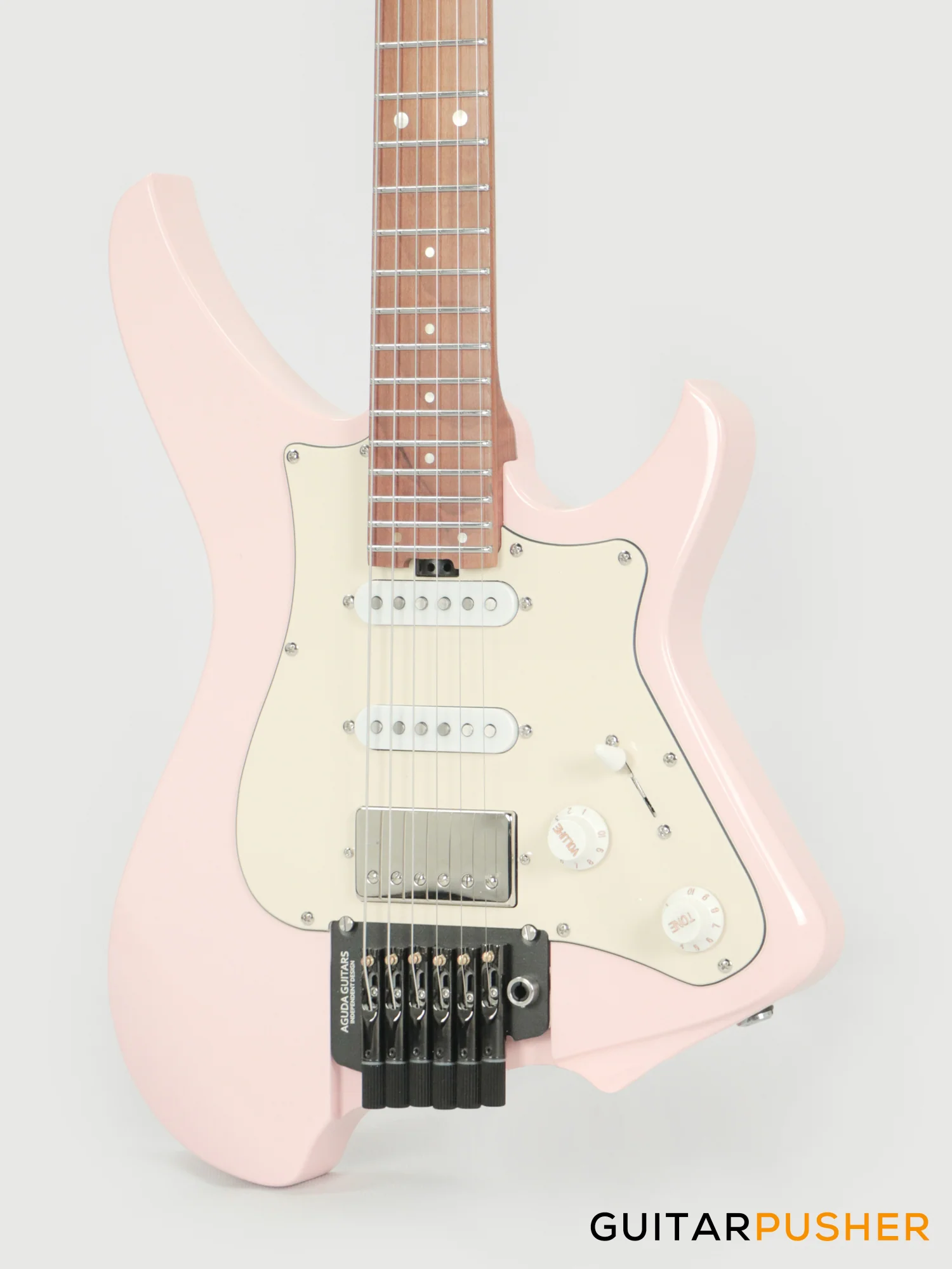 Aguda Musicboy Pro Headless Electric Guitar Alder Body Roasted Maple Fretboard - Shell Pink w/ Cream Pickguard - Image 10