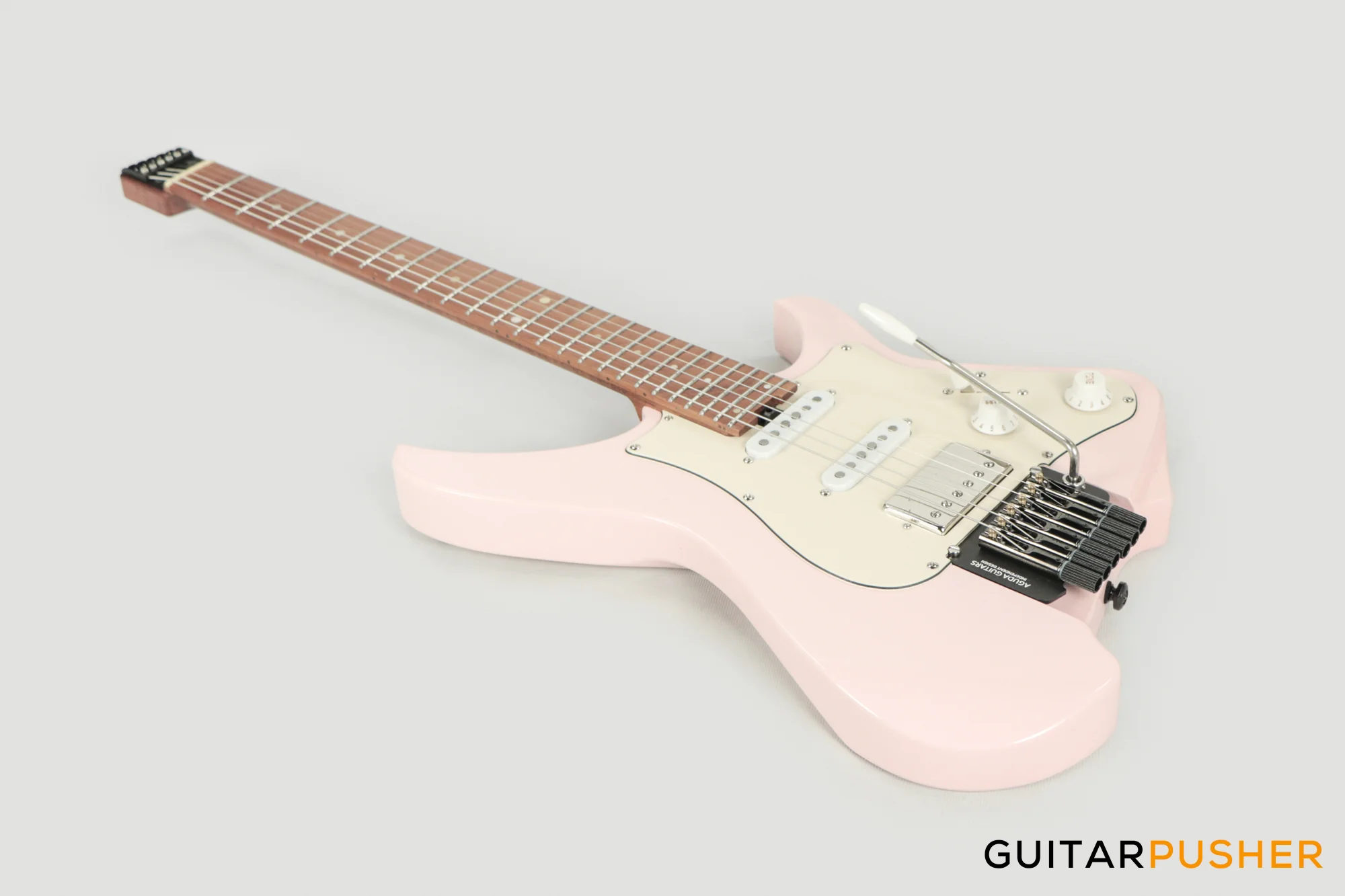 Aguda Musicboy Pro Headless Electric Guitar Alder Body Roasted Maple Fretboard - Shell Pink w/ Cream Pickguard - Image 11