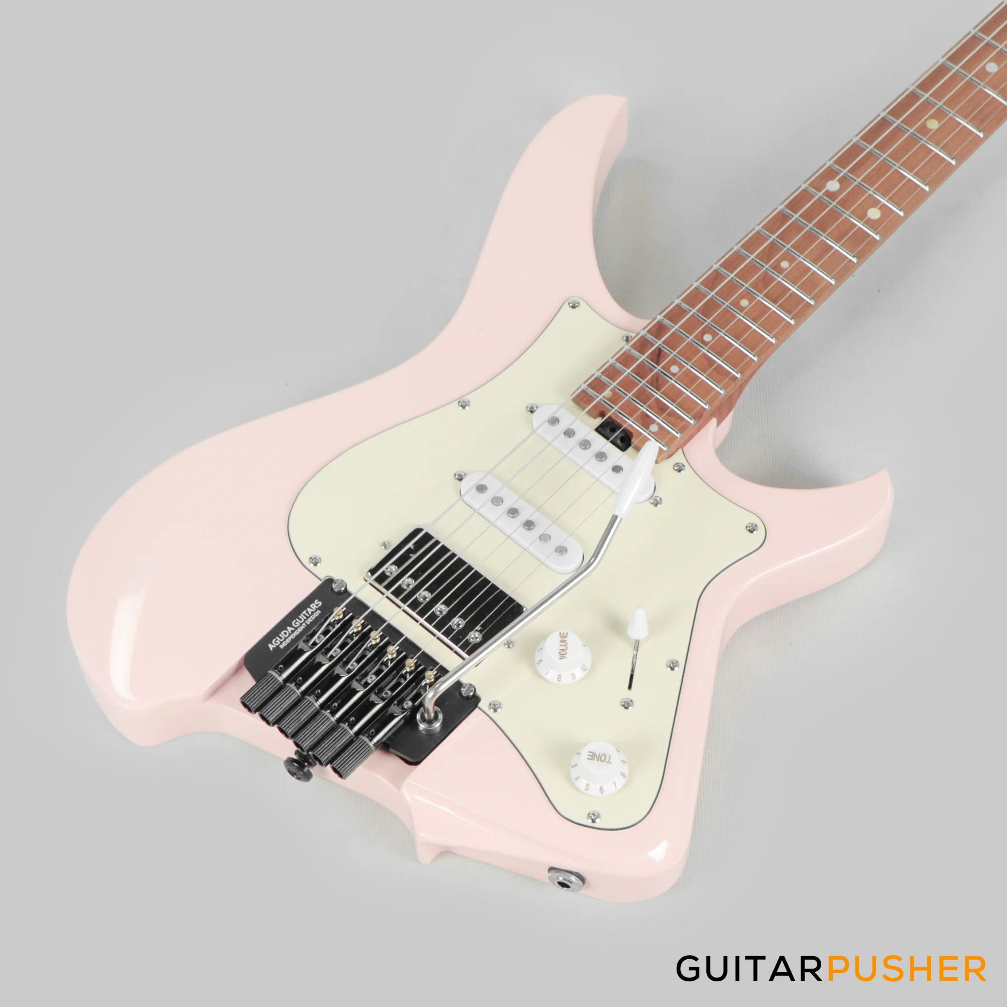 Aguda Musicboy Pro Headless Electric Guitar Alder Body Roasted Maple Fretboard - Shell Pink w/ Cream Pickguard - Image 12