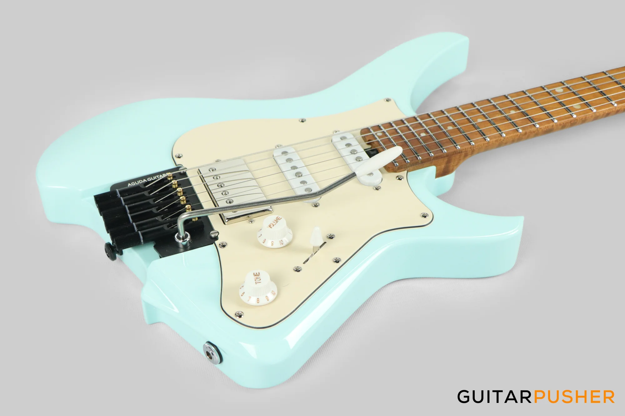 Aguda Musicboy Pro Headless Electric Guitar Alder Body Roasted Maple Fretboard - Sonic Blue w/ Cream Pickguard - Image 12