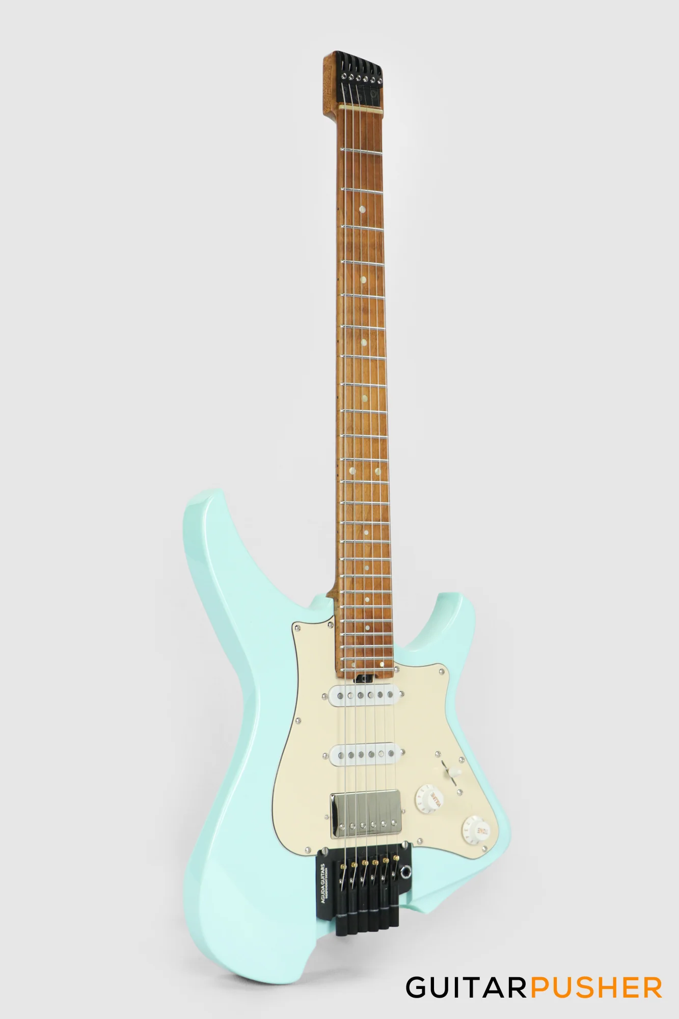 Aguda Musicboy Pro Headless Electric Guitar Alder Body Roasted Maple Fretboard - Sonic Blue w/ Cream Pickguard - Image 4