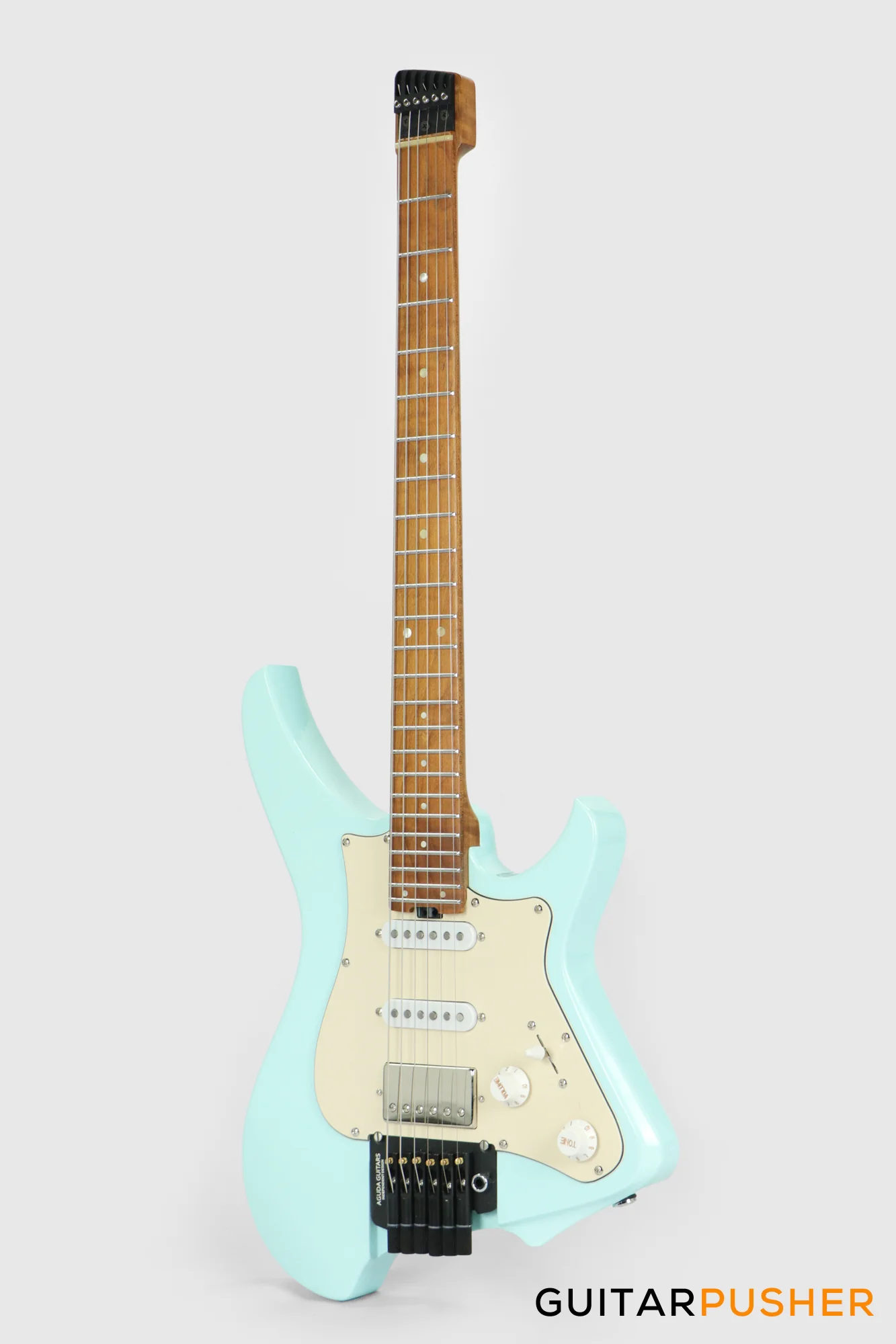Aguda Musicboy Pro Headless Electric Guitar Alder Body Roasted Maple Fretboard - Sonic Blue w/ Cream Pickguard - Image 5