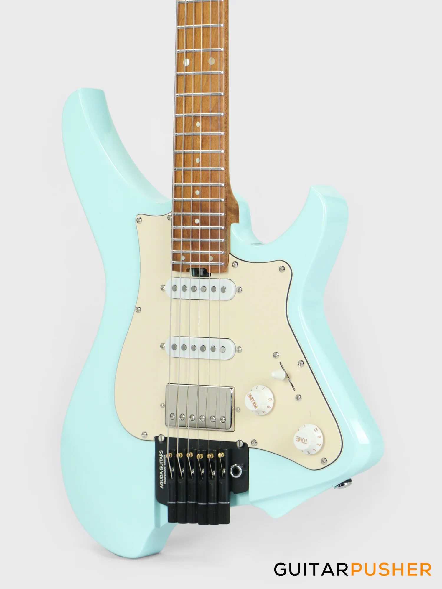 Aguda Musicboy Pro Headless Electric Guitar Alder Body Roasted Maple Fretboard - Sonic Blue w/ Cream Pickguard - Image 6