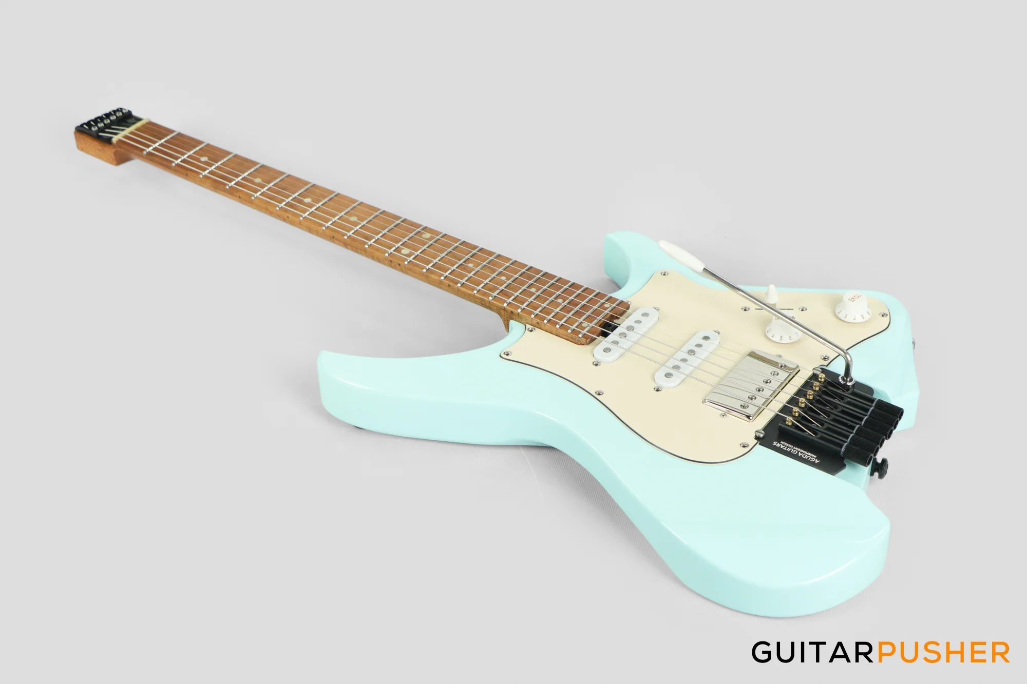 Aguda Musicboy Pro Headless Electric Guitar Alder Body Roasted Maple Fretboard - Sonic Blue w/ Cream Pickguard - Image 7