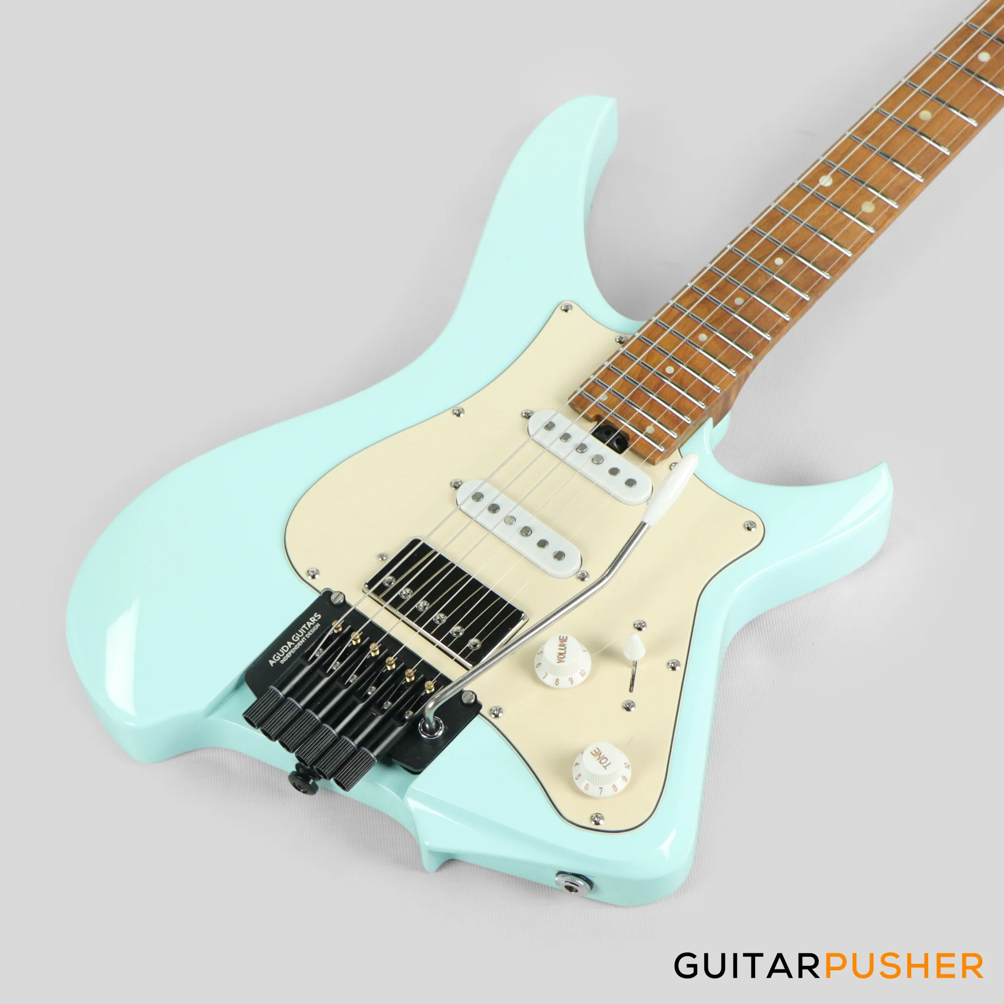 Aguda Musicboy Pro Headless Electric Guitar Alder Body Roasted Maple Fretboard - Sonic Blue w/ Cream Pickguard - Image 8