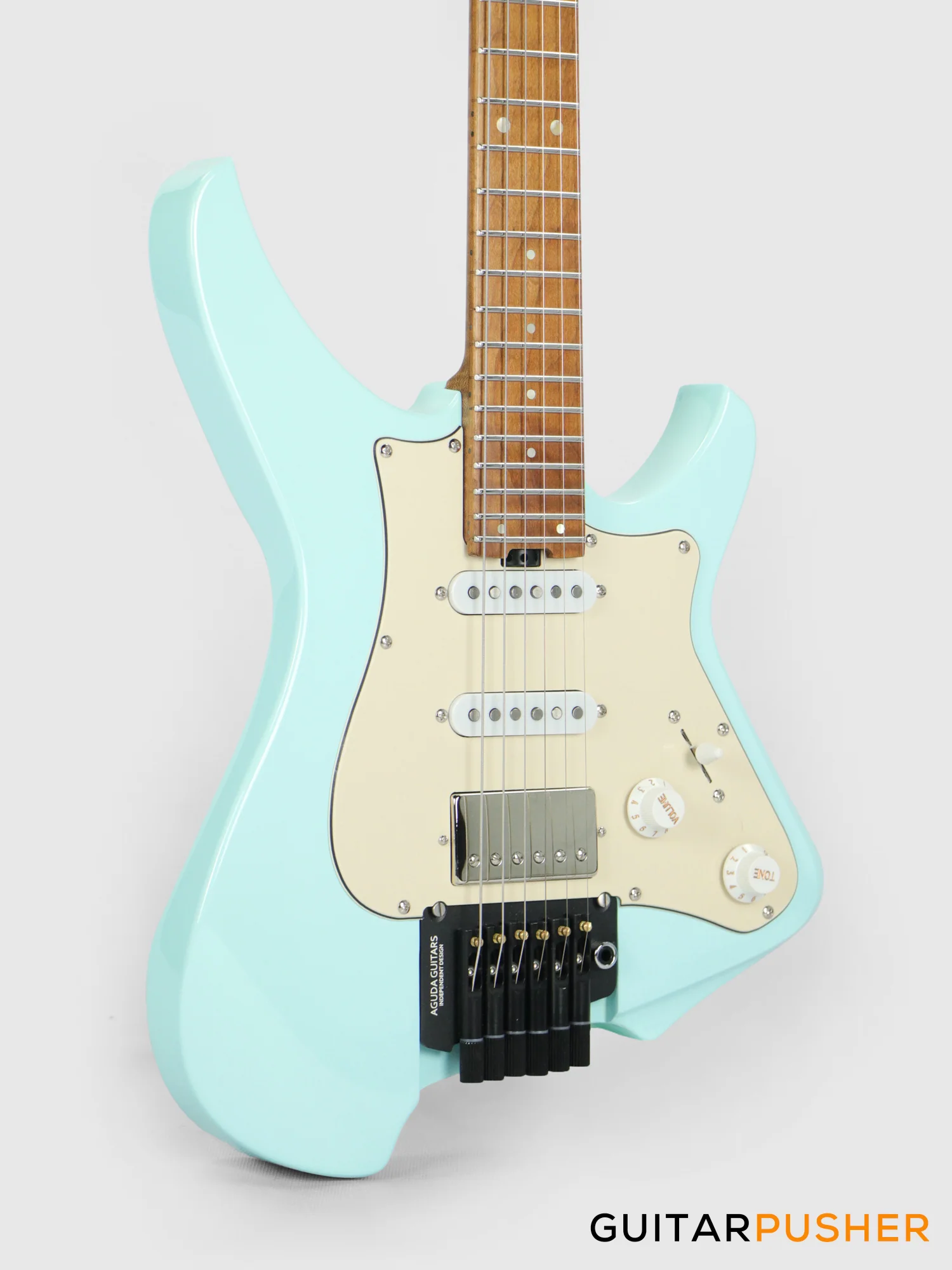 Aguda Musicboy Pro Headless Electric Guitar Alder Body Roasted Maple Fretboard - Sonic Blue w/ Cream Pickguard - Image 9