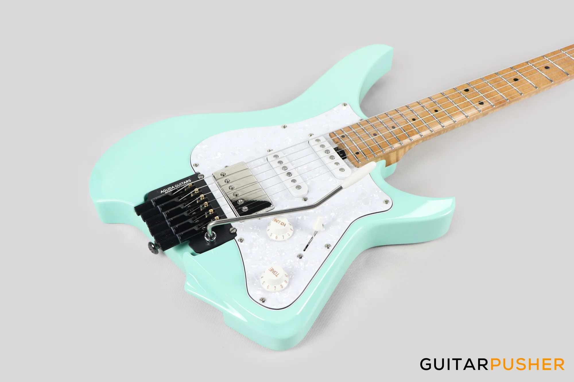 Aguda Musicboy Pro Headless Electric Guitar Alder Body Roasted Maple Fretboard - Surf Green w/ Pearloid Pickguard - Image 10