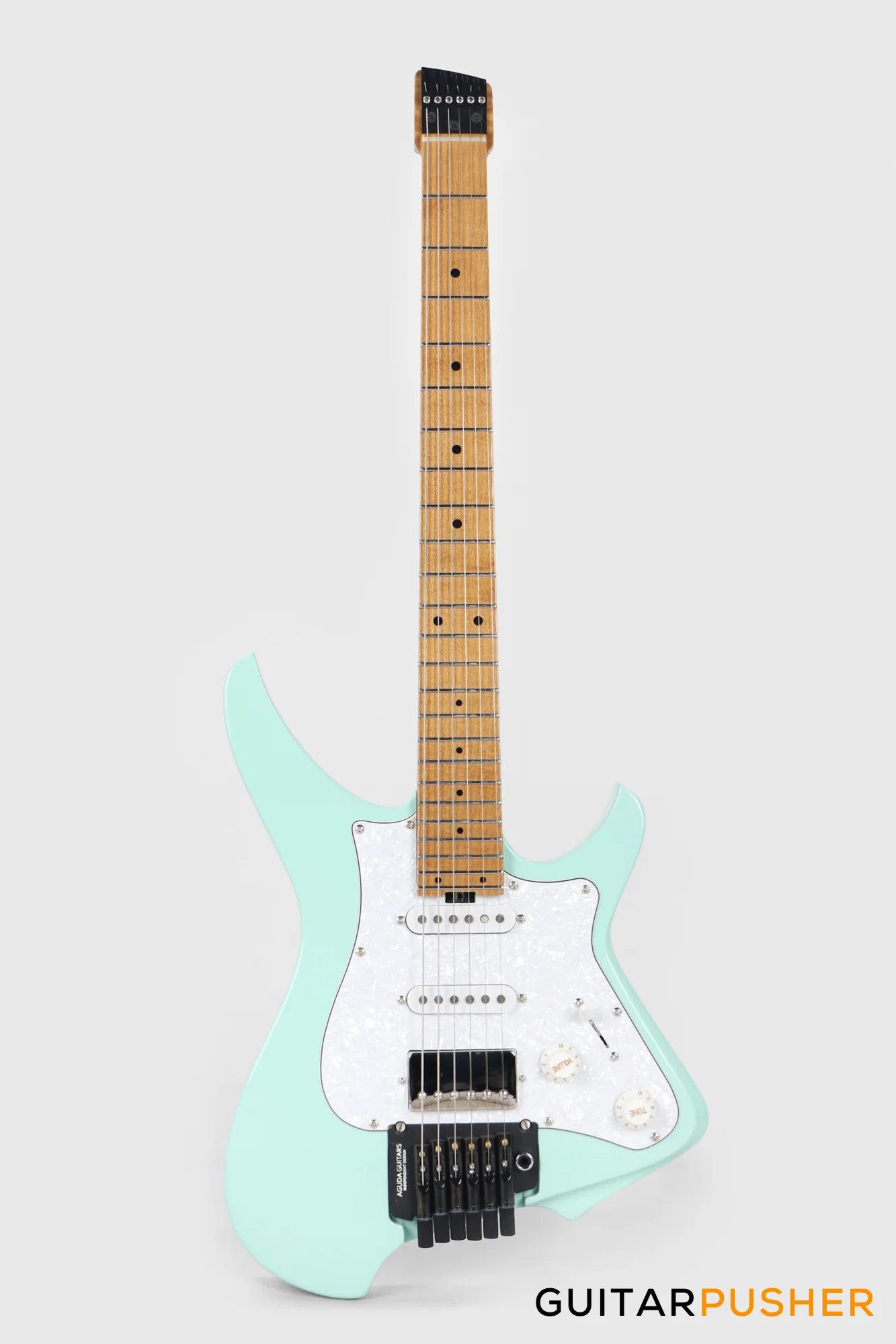Aguda Musicboy Pro Headless Electric Guitar Alder Body Roasted Maple Fretboard - Surf Green w/ Pearloid Pickguard - Image 2