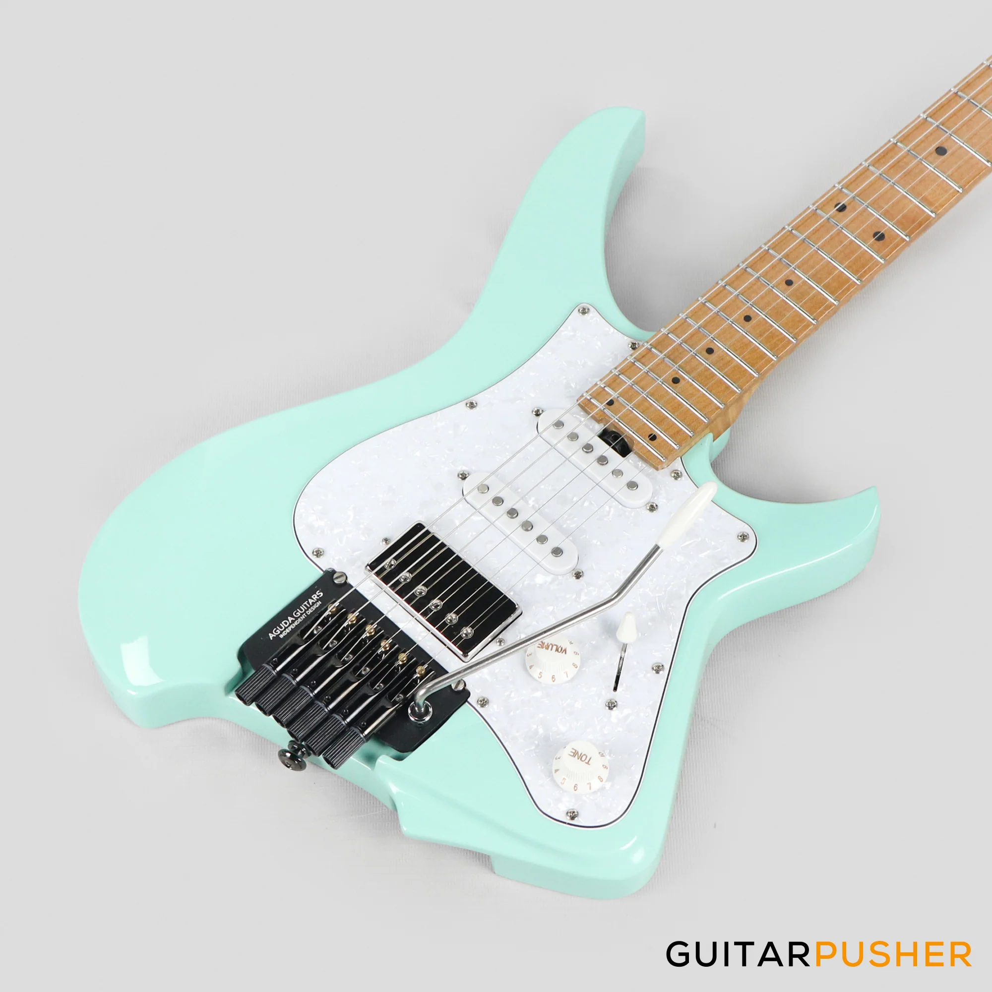 Aguda Musicboy Pro Headless Electric Guitar Alder Body Roasted Maple Fretboard - Surf Green w/ Pearloid Pickguard - Image 9