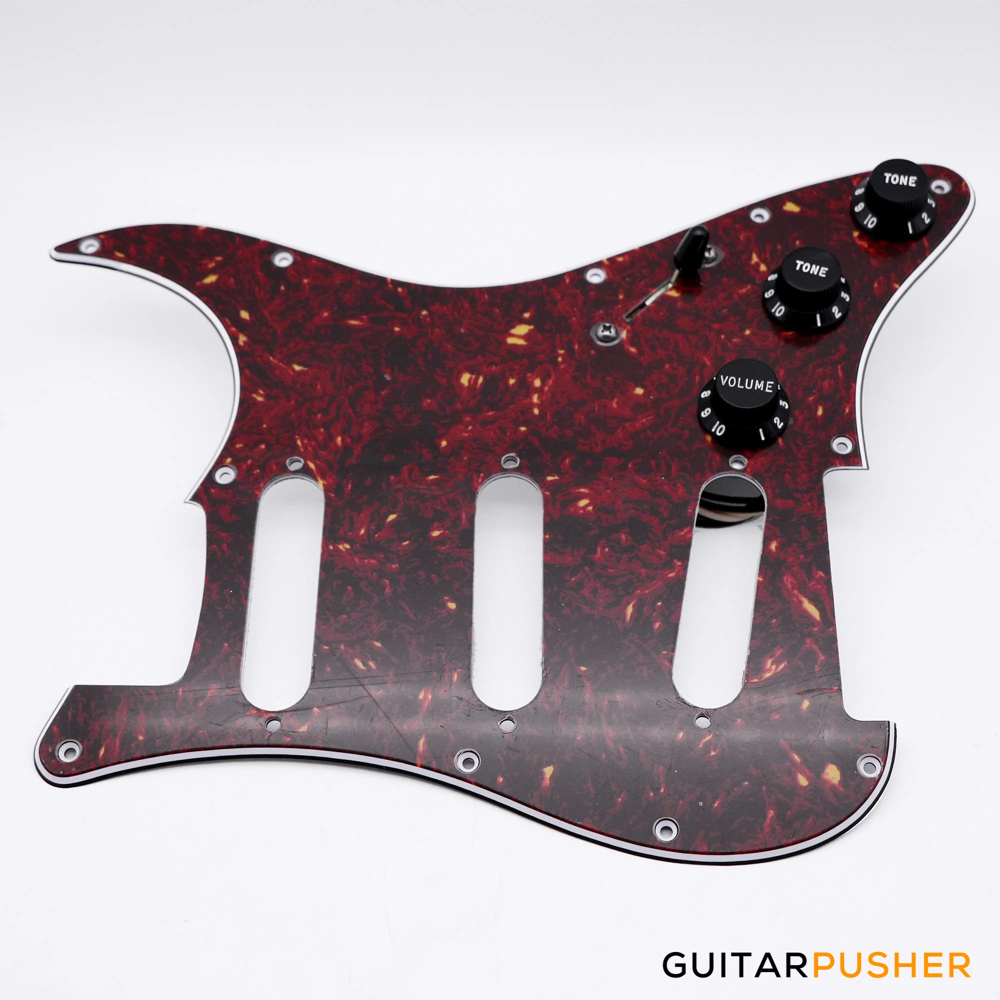 Bareknuckle Pre-wired Red Tortoiseshell Standard 3 ply 11-hole pickguard SSS + Electronics, Black Parts - Image 2