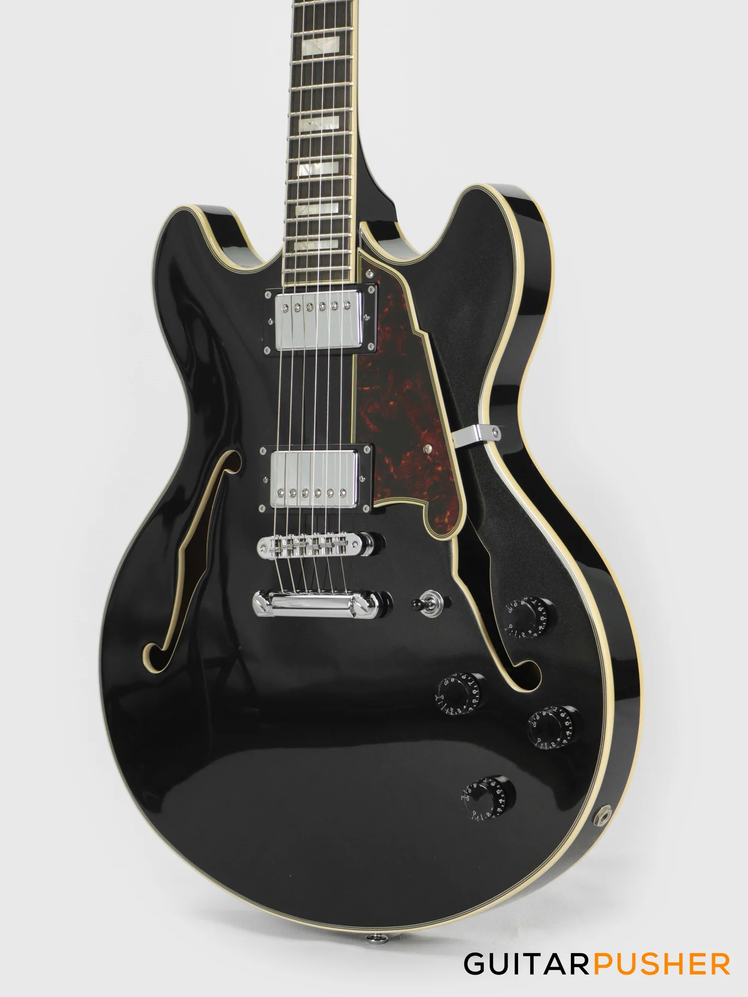 D'Angelico Premier DC Hollowbody Electric Guitar (Black Flake) - Image 9