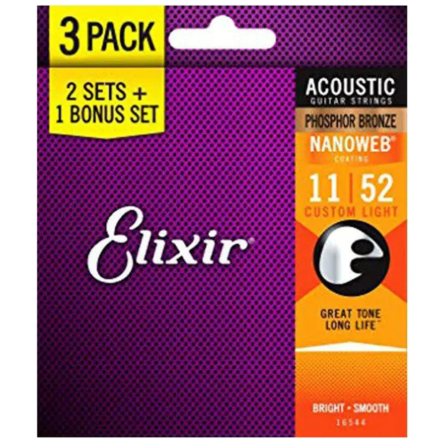 Elixir Acoustic Phosphor Bronze Acoustic Guitar Strings with Nanoweb Coating - Custom Light (11 15 22 32 42 52) 3-Pack - Image 2