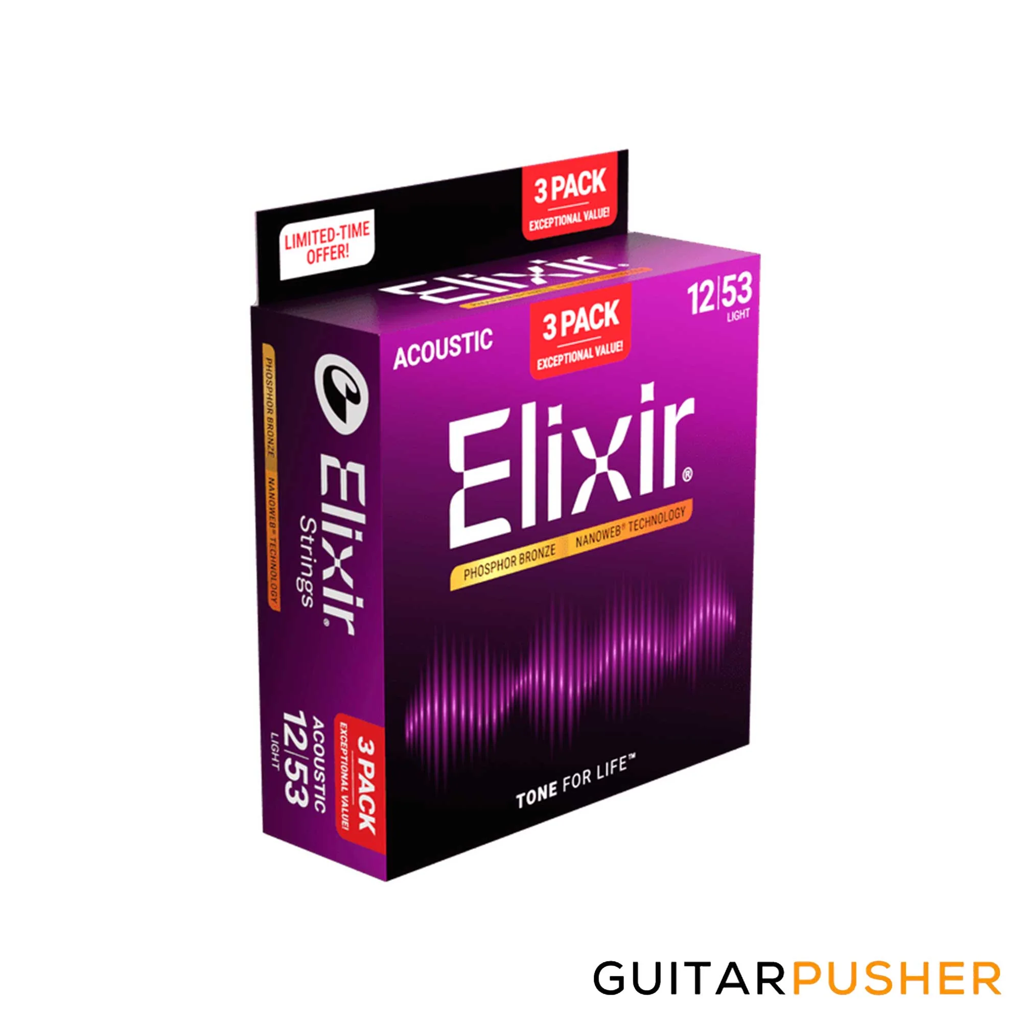 Elixir Acoustic Phosphor Bronze Acoustic Guitar Strings with Nanoweb Coating - Light (12 16 24 32 42 53) 3-Pack - Image 3