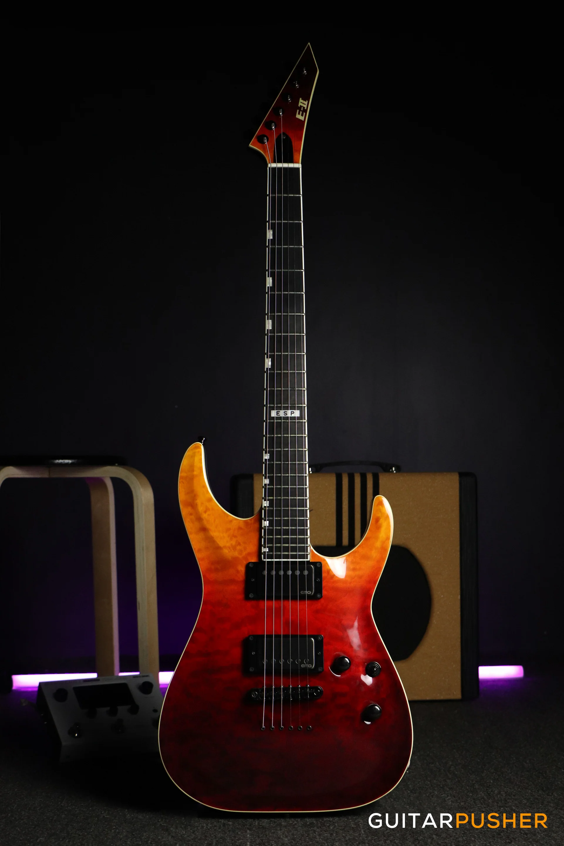 ESP E-II Horizon NT-II Modern Electric Guitar w/ EMG 66TW/57TW Humbucker Pickups - Tiger Eye Amber Fade - Image 2