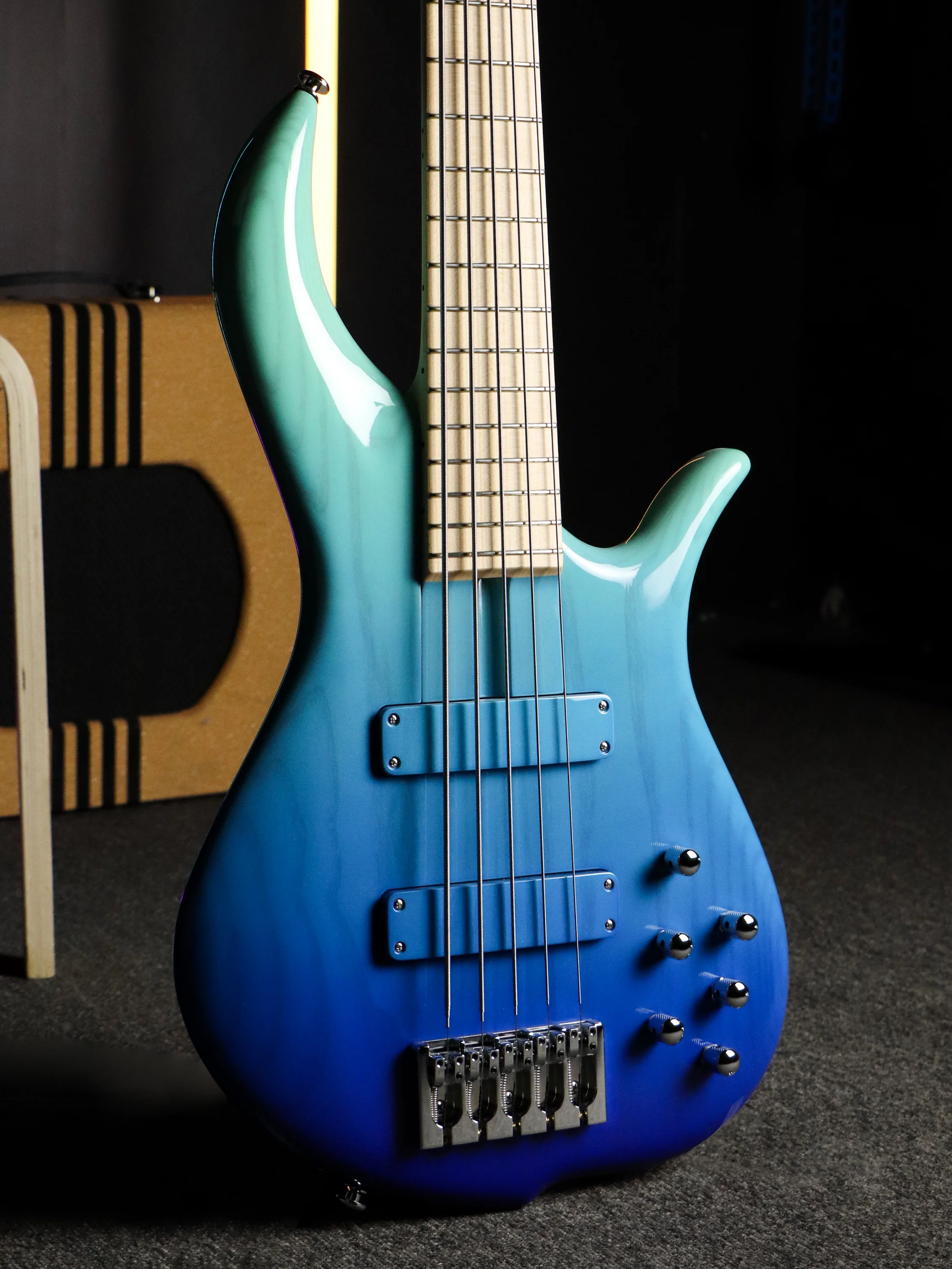 FBASS BN5 5-String Bass (Aqua Fade Gloss) - Ash Body, Maple Fingerboard - Image 8