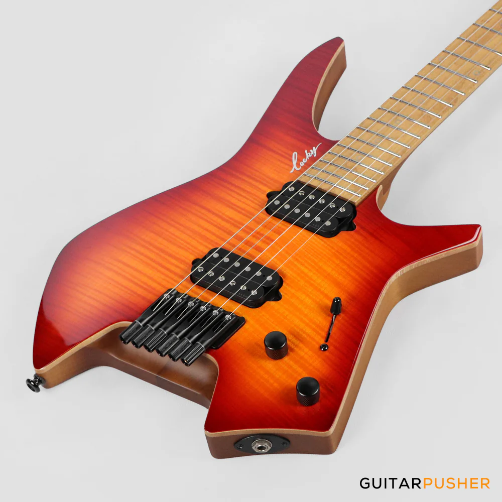Leeky X-Series X26 Headless Electric Guitar Roasted Basswood Body Wenge Top Roasted Maple Neck - Fire Burst - Image 10