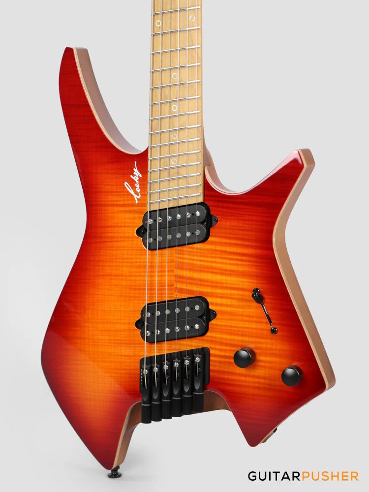 Leeky X-Series X26 Headless Electric Guitar Roasted Basswood Body Wenge Top Roasted Maple Neck - Fire Burst - Image 9