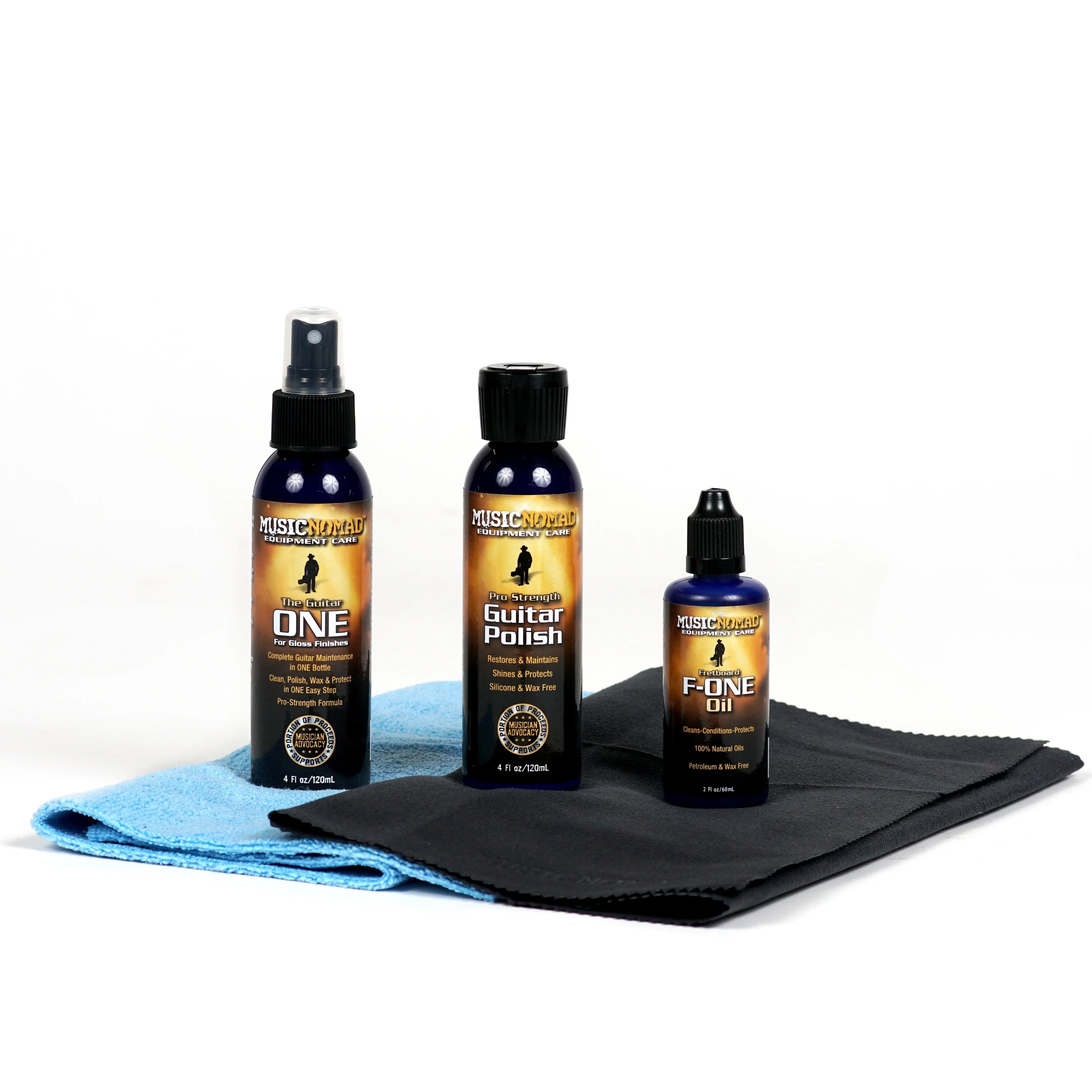 Music Nomad Premium Guitar Care System (Guitar ONE - 4 oz., F-ONE - 2 oz., Guitar Polish - 4 oz., 2 Microfiber Cloths) MN108
