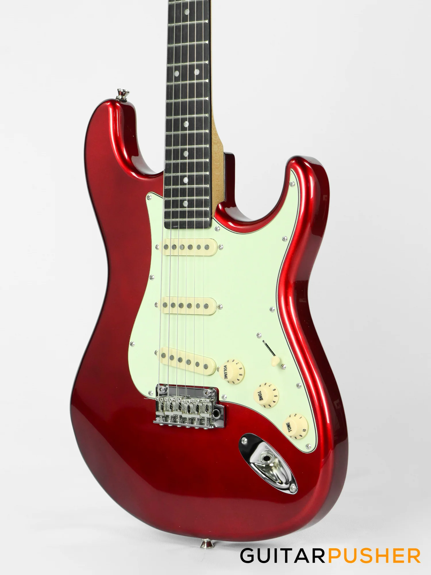 Tagima New T-635 Classic Series S Style Electric Guitar - Metallic Red (Rosewood Fingerboard/Mint Green Pickguard) - Image 3