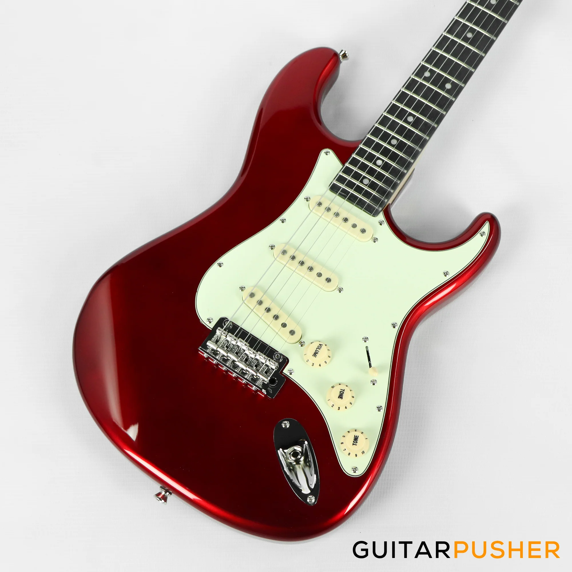 Tagima New T-635 Classic Series S Style Electric Guitar - Metallic Red (Rosewood Fingerboard/Mint Green Pickguard) - Image 4