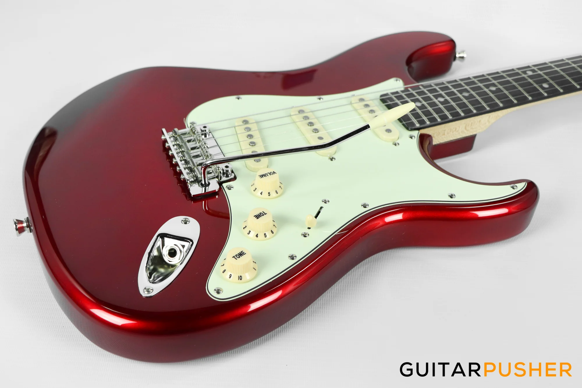 Tagima New T-635 Classic Series S Style Electric Guitar - Metallic Red (Rosewood Fingerboard/Mint Green Pickguard) - Image 5