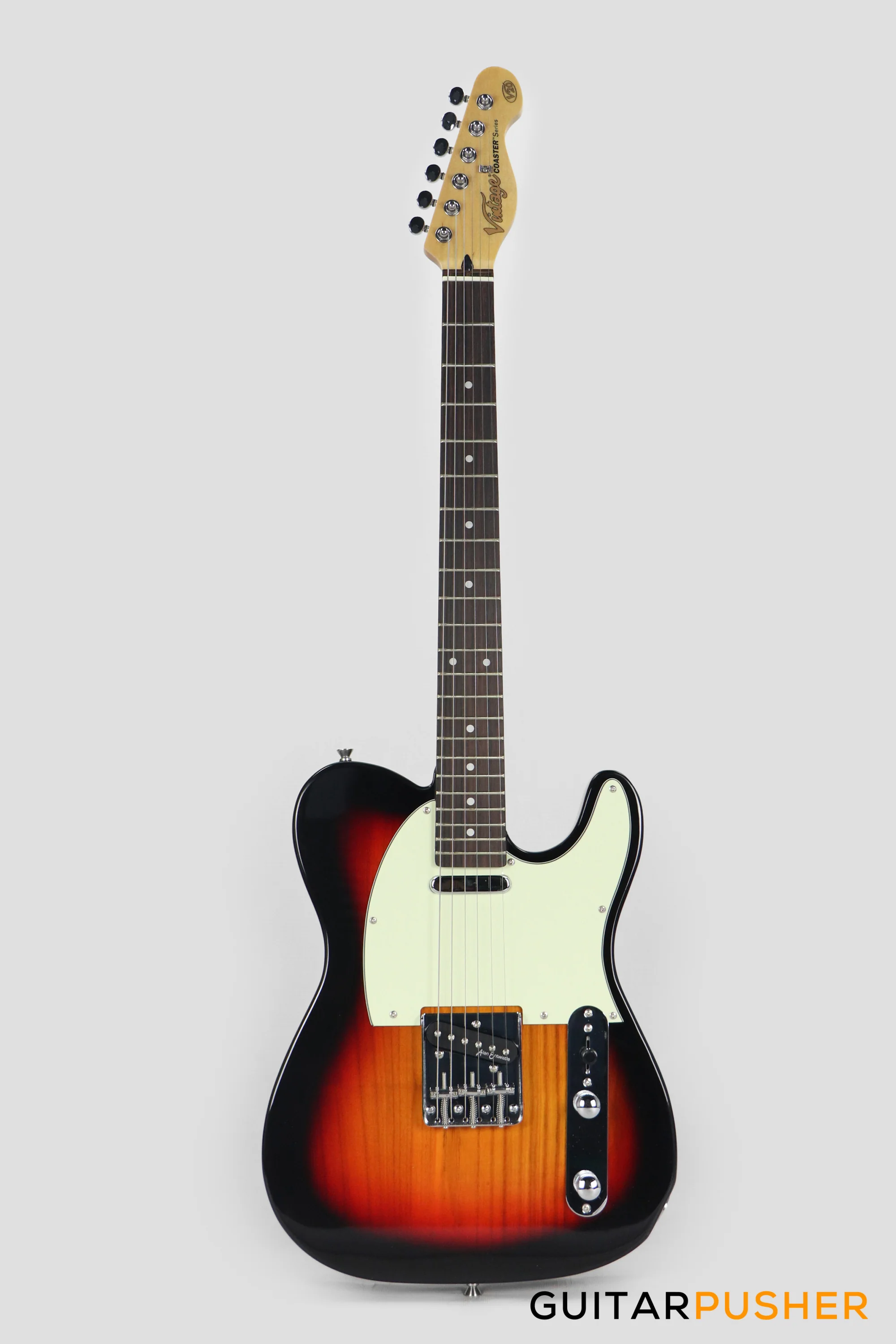 Vintage Coaster Series V20 T-Style Electric Guitar w/ Kinsman 10-Watt Amplifier, Gig Bag, & Accessories - 3-Tone Sunburst - Image 2