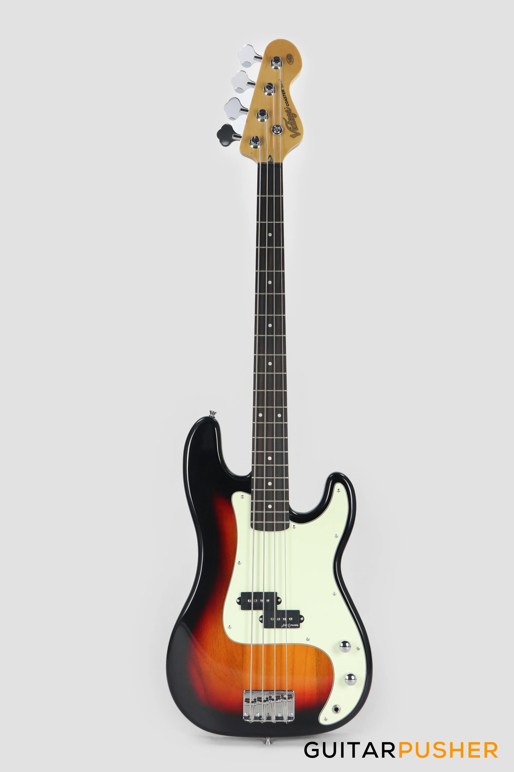Vintage Coaster Series V40 4-String PB Bass w/ Kinsman 10-Watt Bass Amplifier, Gig Bag, & Accessories - 3-Tone Sunburst - Image 2