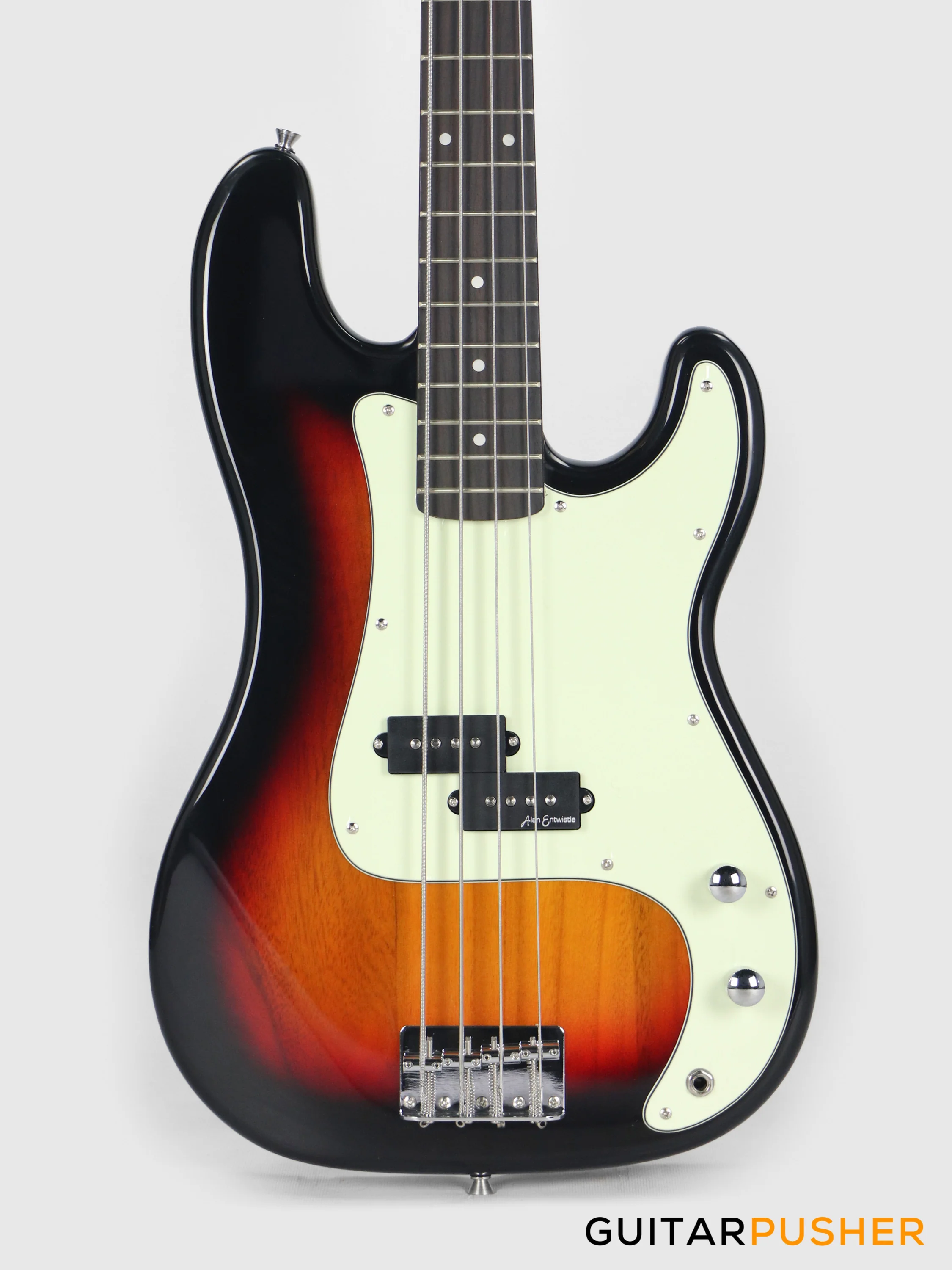 Vintage Coaster Series V40 4-String PB Bass w/ Kinsman 10-Watt Bass Amplifier, Gig Bag, & Accessories - 3-Tone Sunburst - Image 3