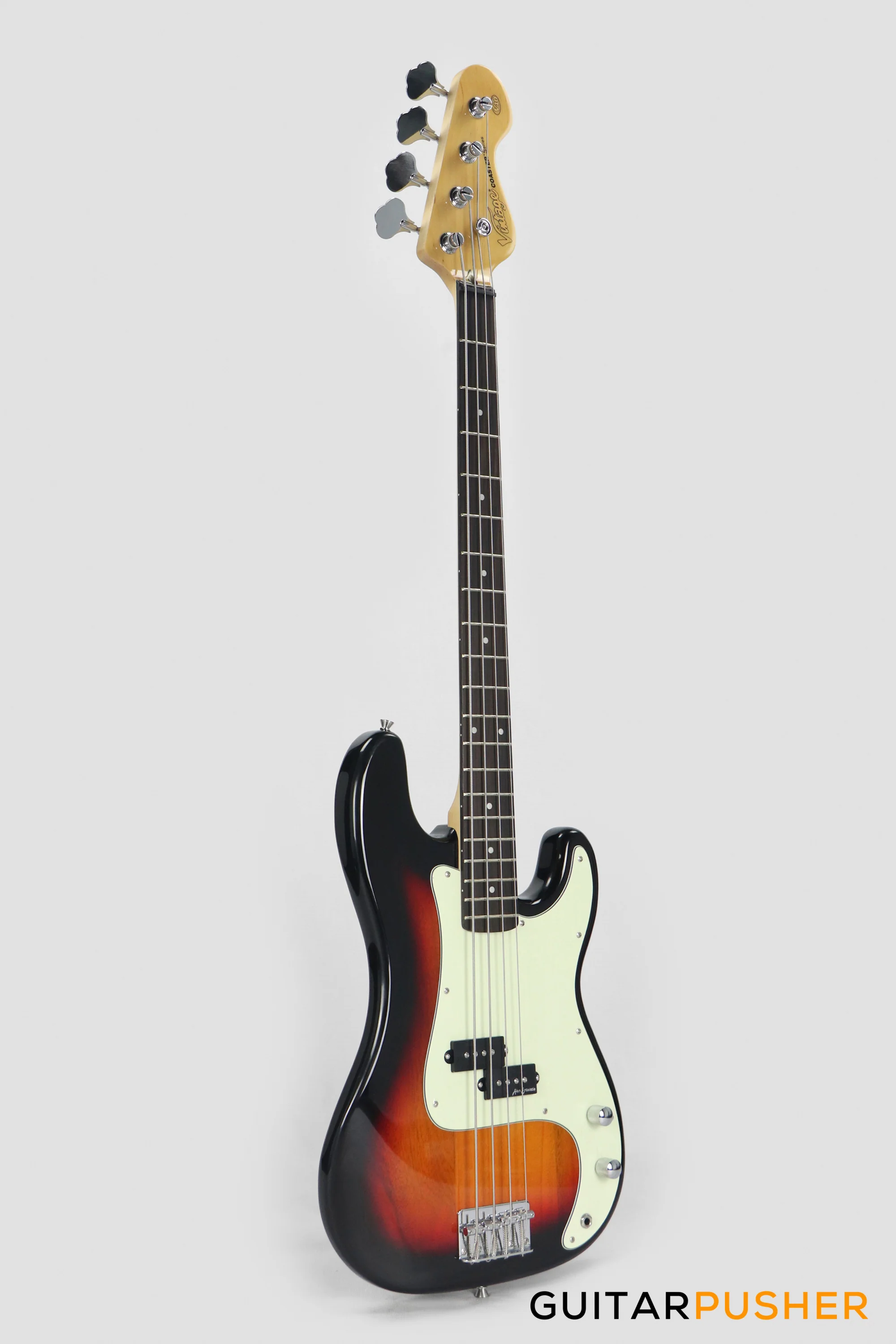 Vintage Coaster Series V40 4-String PB Bass w/ Kinsman 10-Watt Bass Amplifier, Gig Bag, & Accessories - 3-Tone Sunburst - Image 4