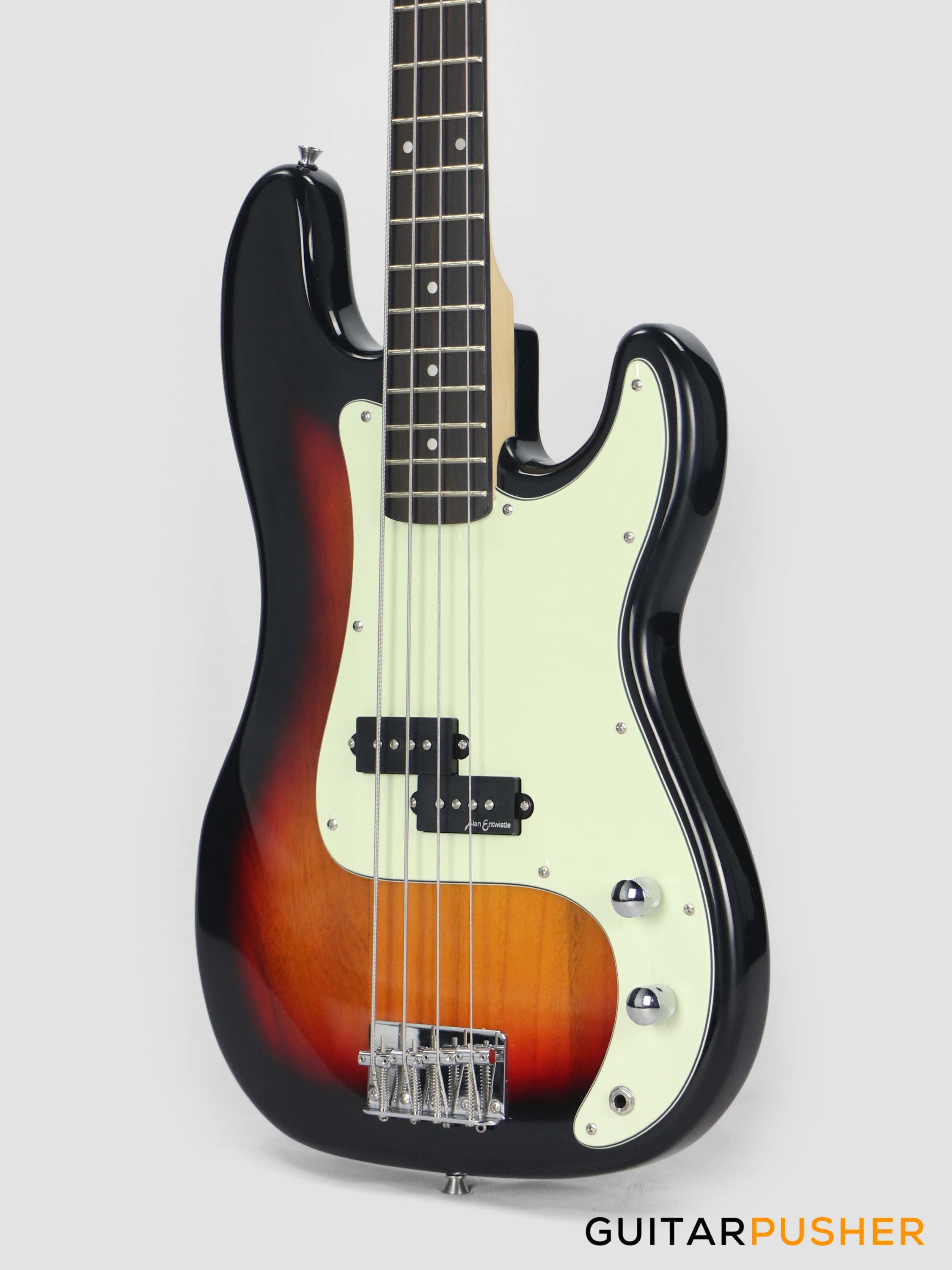 Vintage Coaster Series V40 4-String PB Bass w/ Kinsman 10-Watt Bass Amplifier, Gig Bag, & Accessories - 3-Tone Sunburst - Image 9