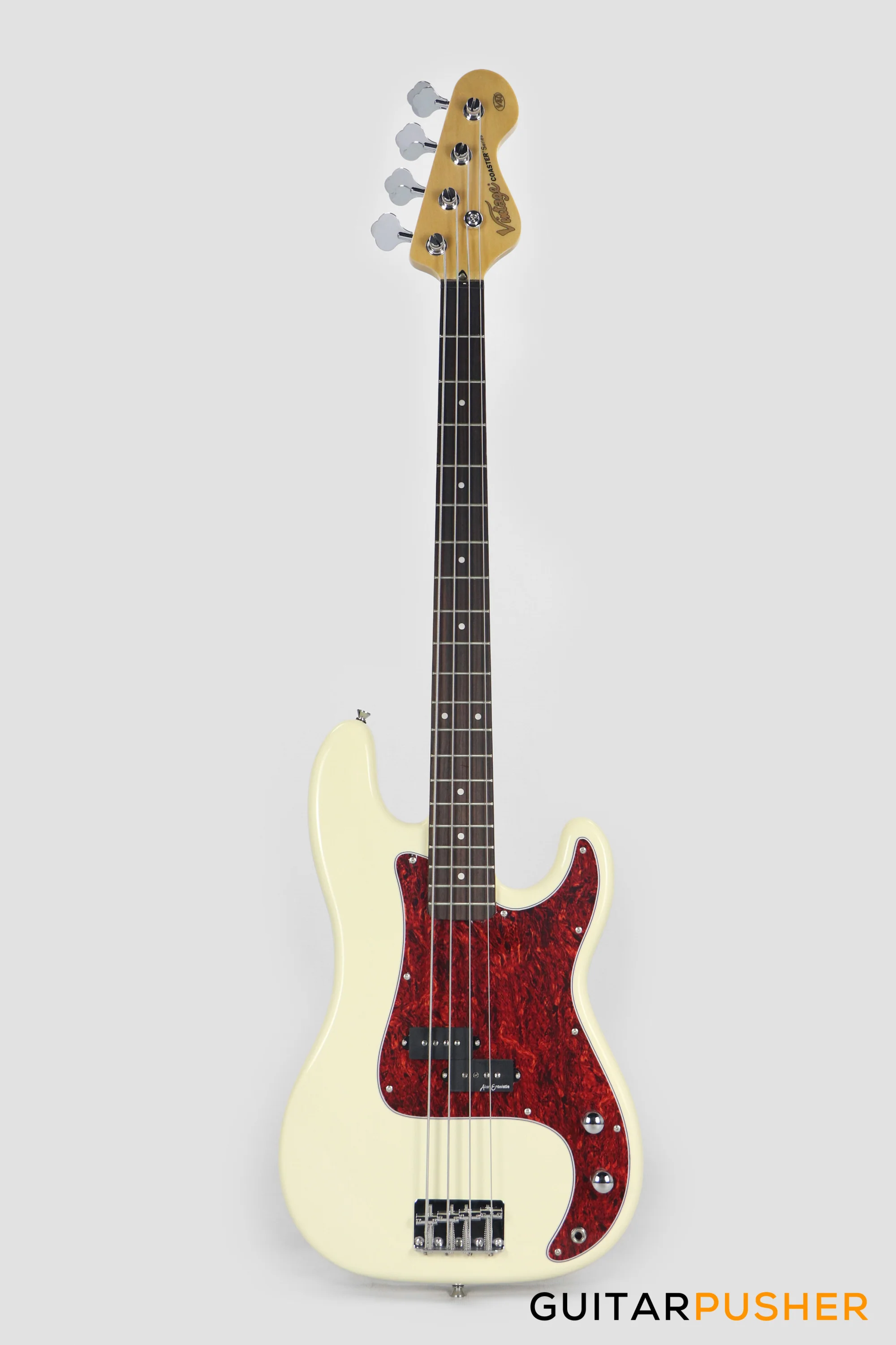 Vintage Coaster Series V40 4-String PB Bass w/ Kinsman 10-Watt Bass Amplifier, Gig Bag, & Accessories - Vintage White - Image 2