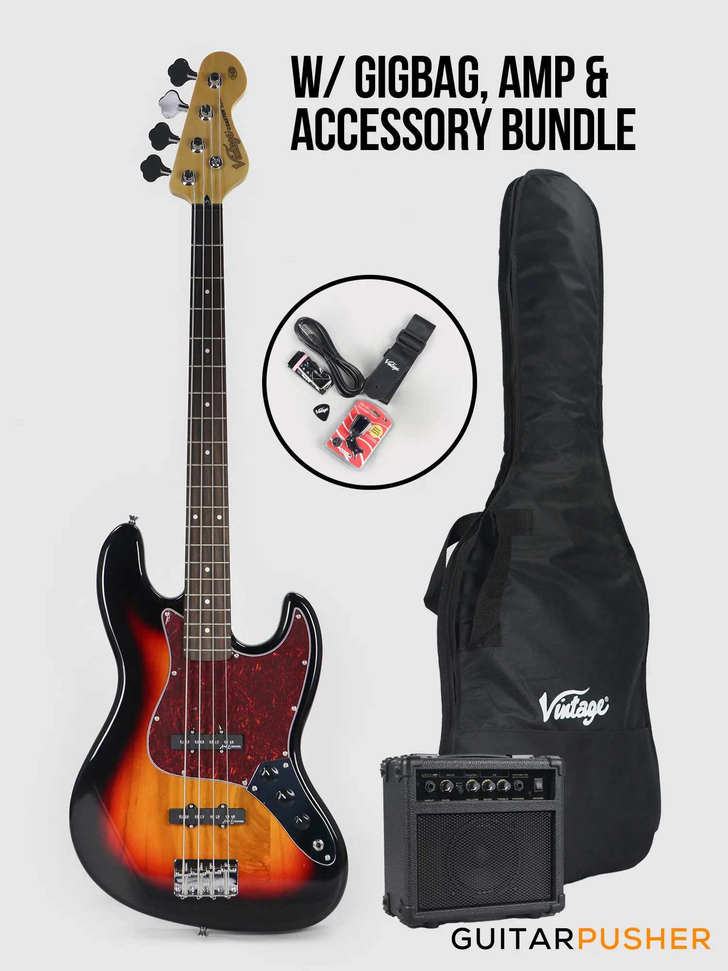 Vintage Coaster Series V49 4-String JB Bass w/ Kinsman 10-Watt Bass Amplifier, Gig Bag, & Accessories - 3-Tone Sunburst