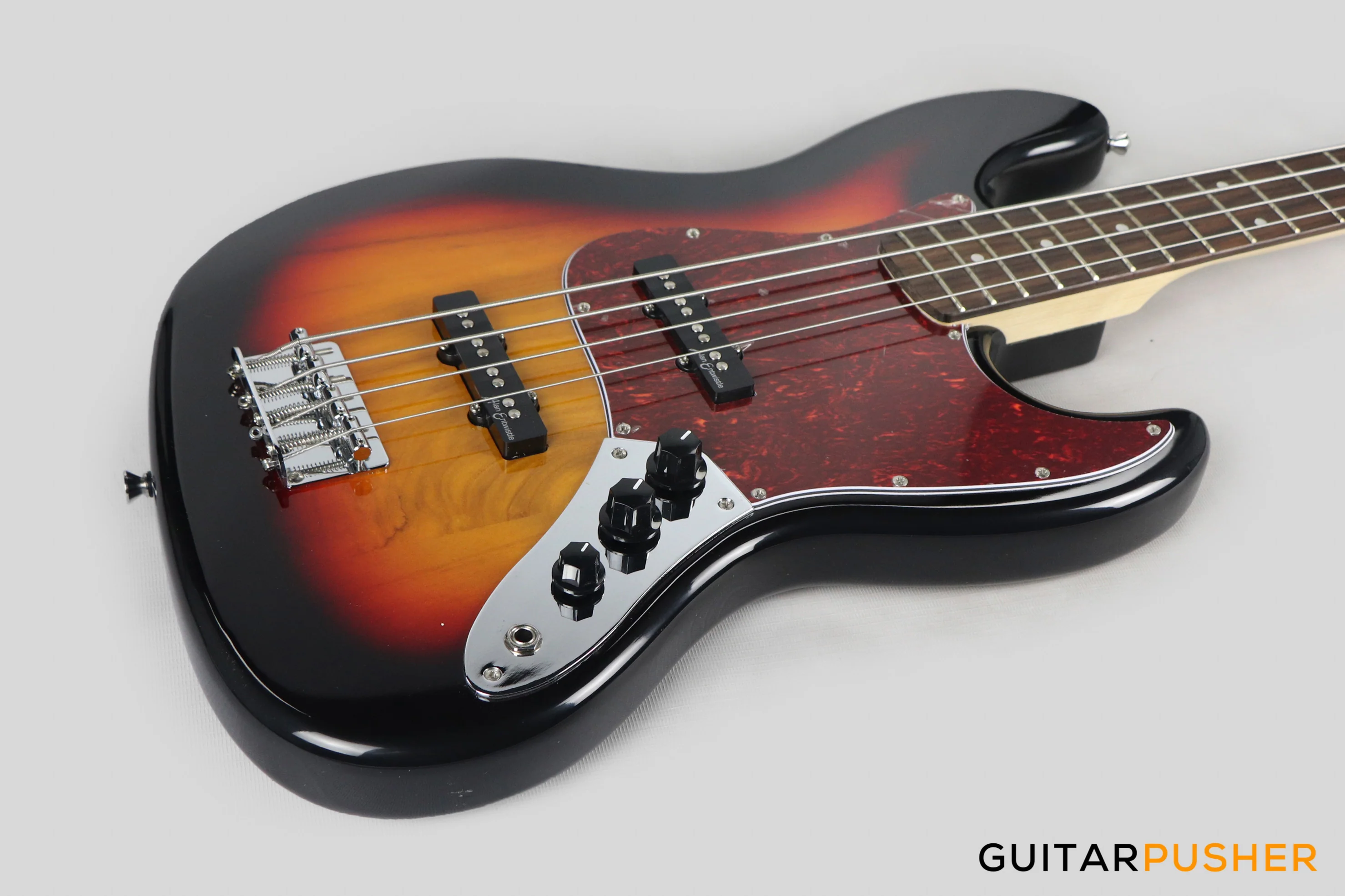 Vintage Coaster Series V49 4-String JB Bass w/ Kinsman 10-Watt Bass Amplifier, Gig Bag, & Accessories - 3-Tone Sunburst - Image 12