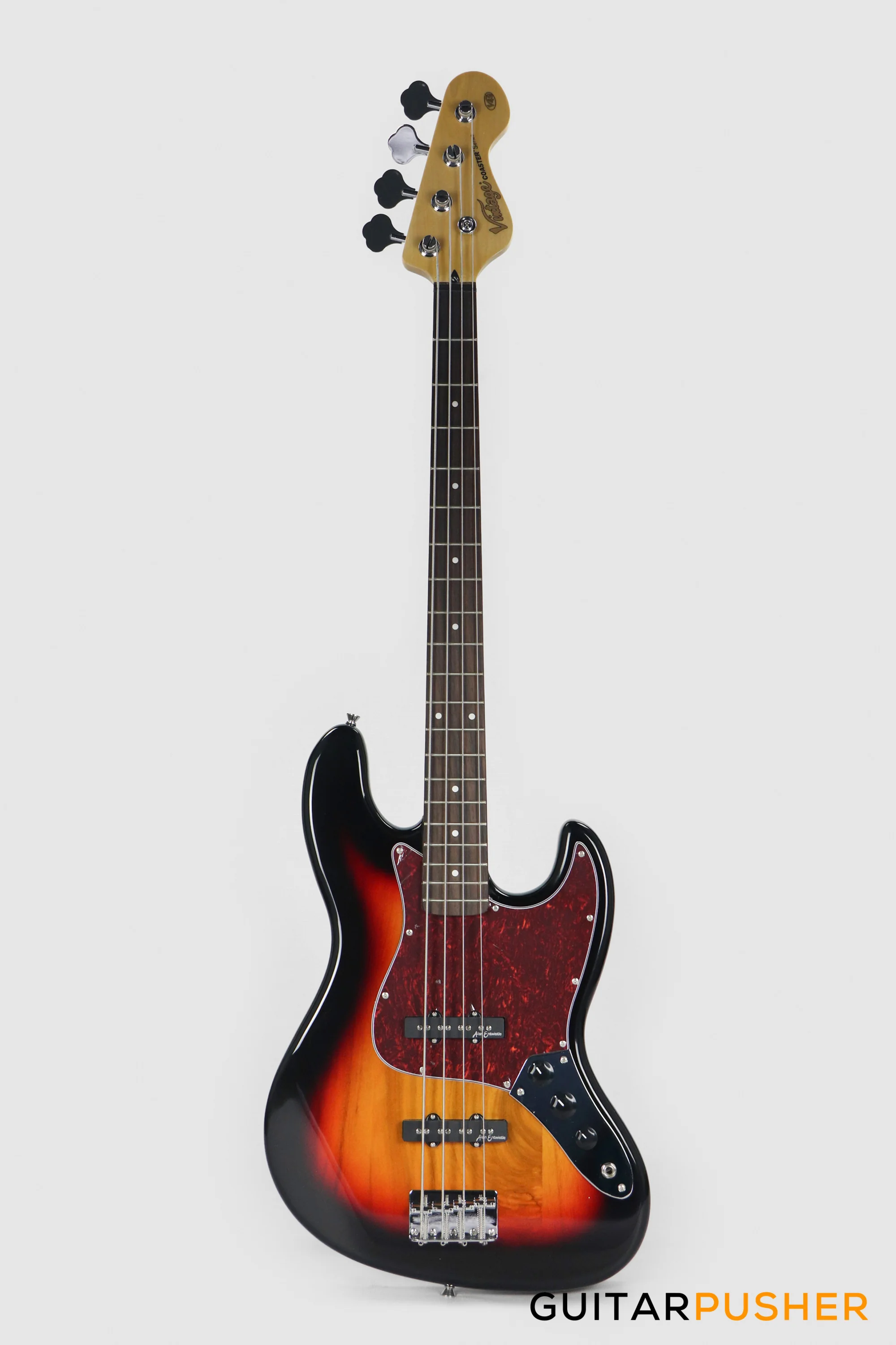 Vintage Coaster Series V49 4-String JB Bass w/ Kinsman 10-Watt Bass Amplifier, Gig Bag, & Accessories - 3-Tone Sunburst - Image 2