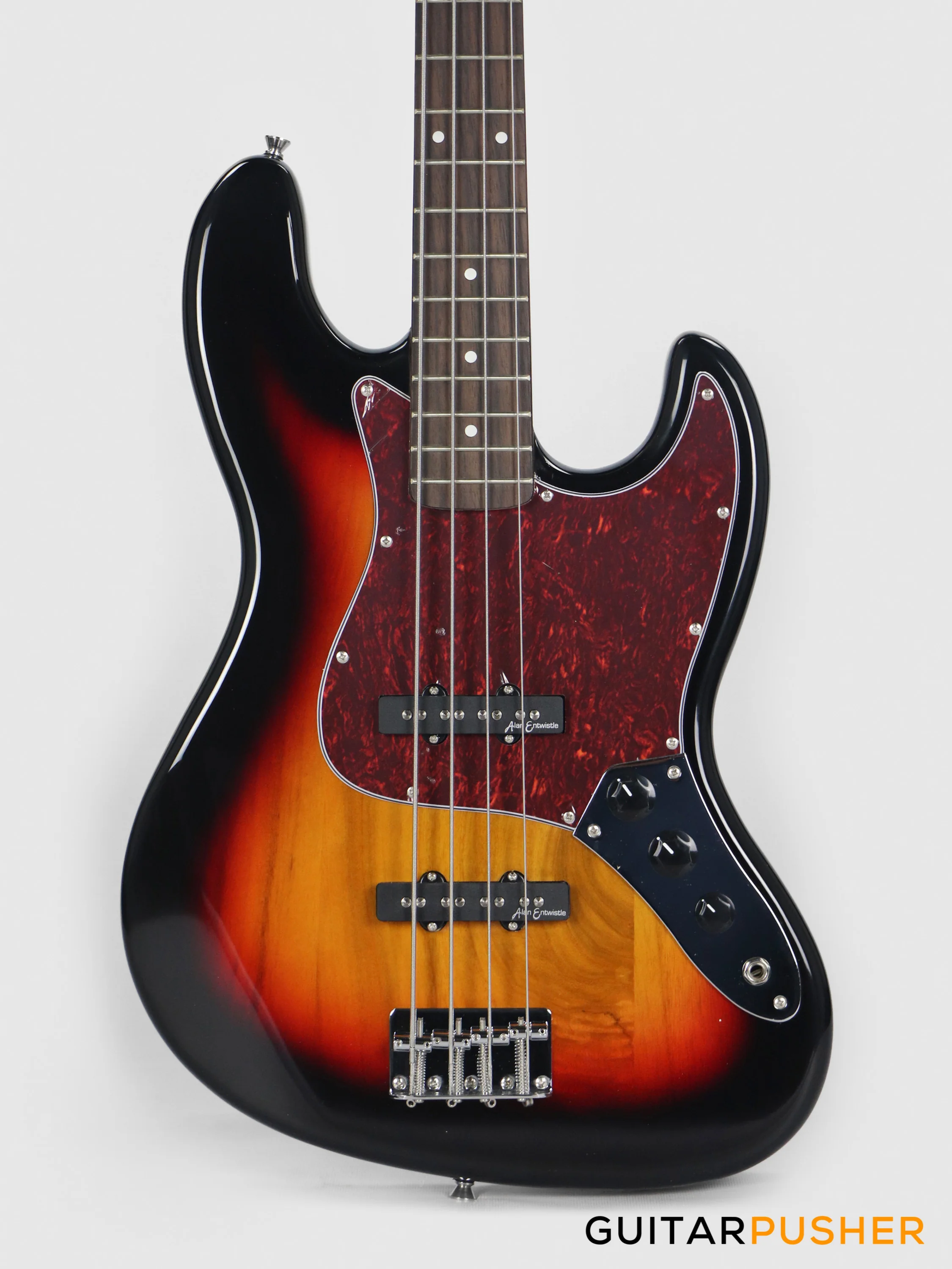 Vintage Coaster Series V49 4-String JB Bass w/ Kinsman 10-Watt Bass Amplifier, Gig Bag, & Accessories - 3-Tone Sunburst - Image 3