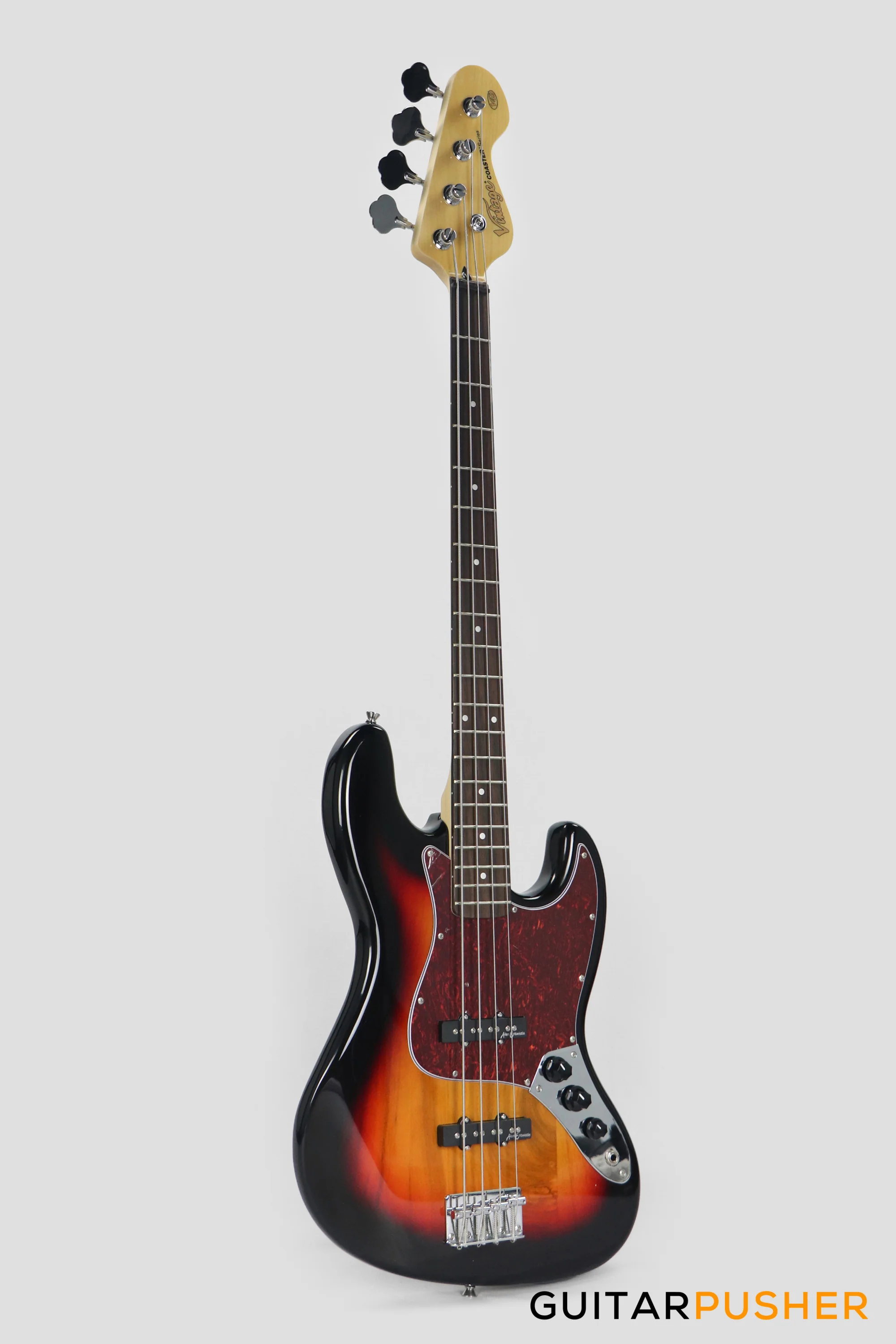 Vintage Coaster Series V49 4-String JB Bass w/ Kinsman 10-Watt Bass Amplifier, Gig Bag, & Accessories - 3-Tone Sunburst - Image 4