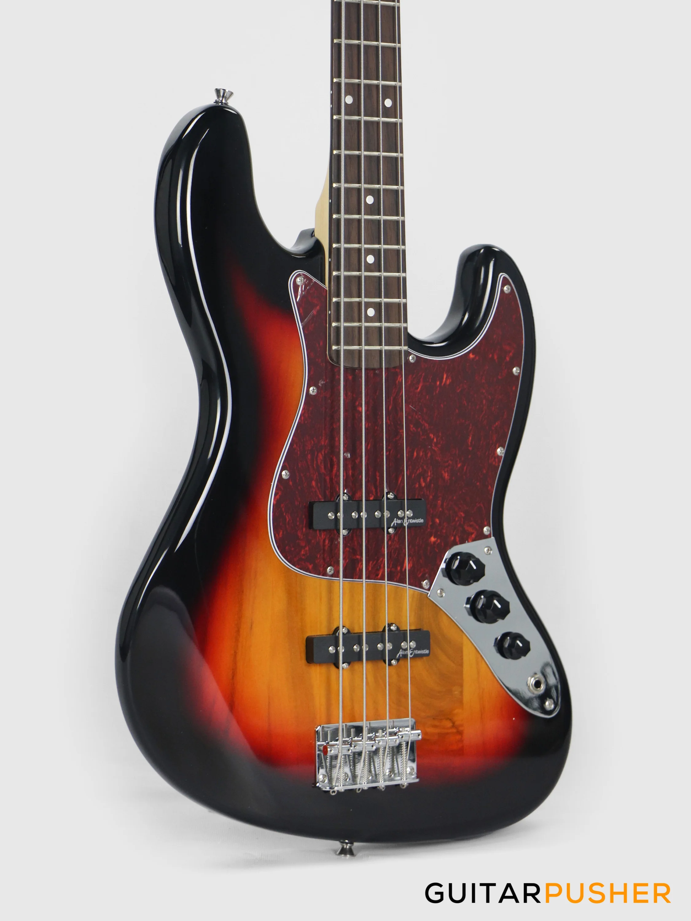 Vintage Coaster Series V49 4-String JB Bass w/ Kinsman 10-Watt Bass Amplifier, Gig Bag, & Accessories - 3-Tone Sunburst - Image 5