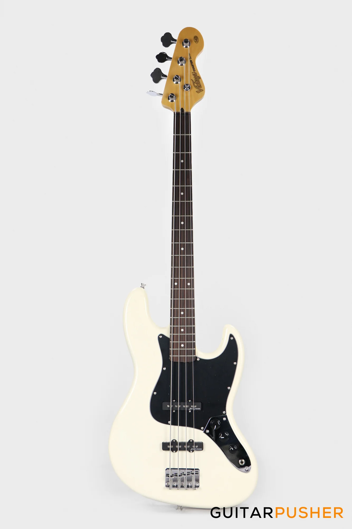 Vintage Coaster Series V49 4-String JB Bass w/ Kinsman 10-Watt Bass Amplifier, Gig Bag, & Accessories - Vintage White - Image 2