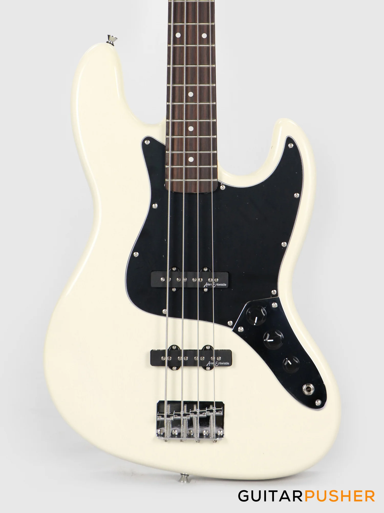 Vintage Coaster Series V49 4-String JB Bass w/ Kinsman 10-Watt Bass Amplifier, Gig Bag, & Accessories - Vintage White - Image 3