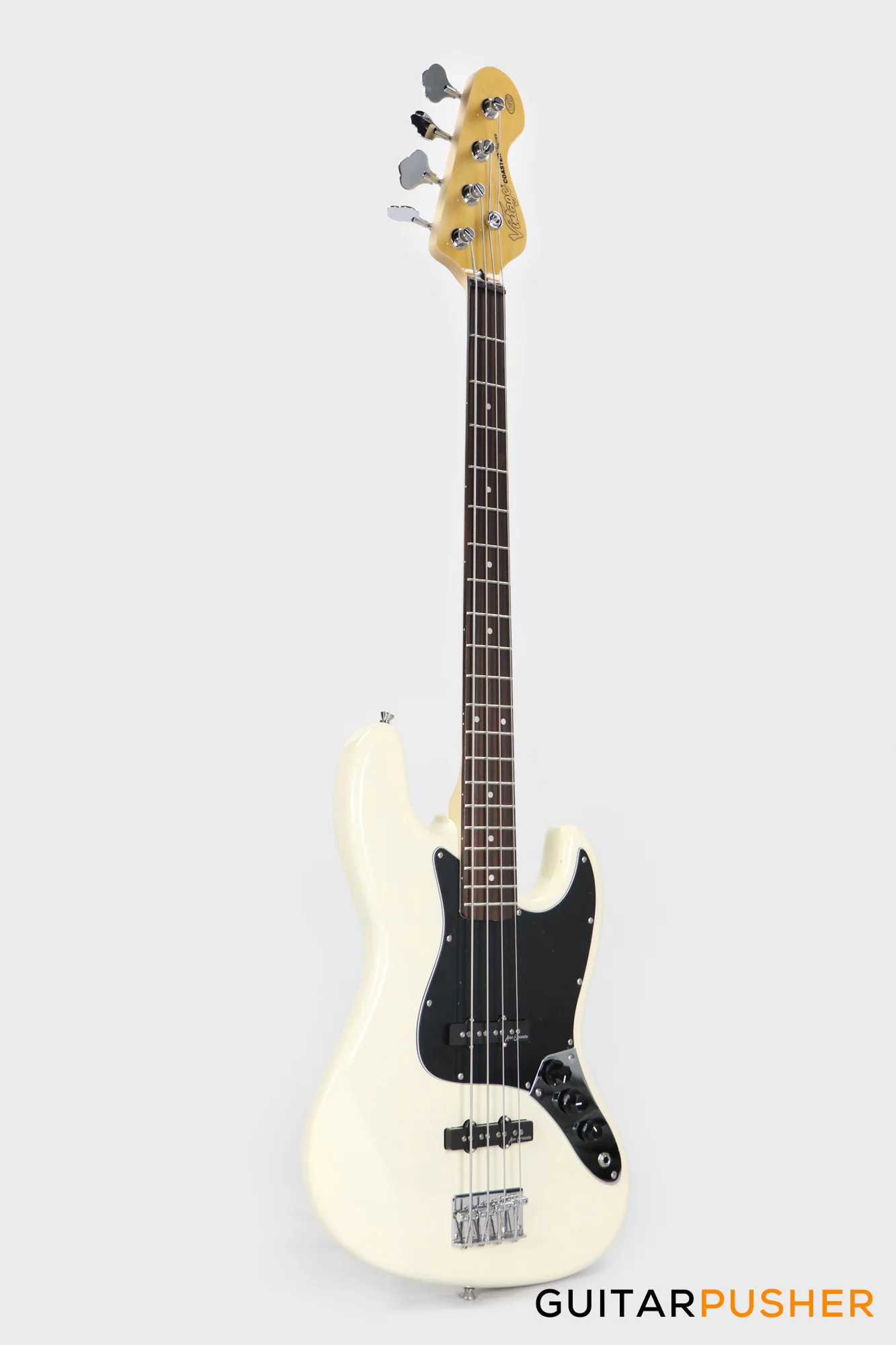 Vintage Coaster Series V49 4-String JB Bass w/ Kinsman 10-Watt Bass Amplifier, Gig Bag, & Accessories - Vintage White - Image 4