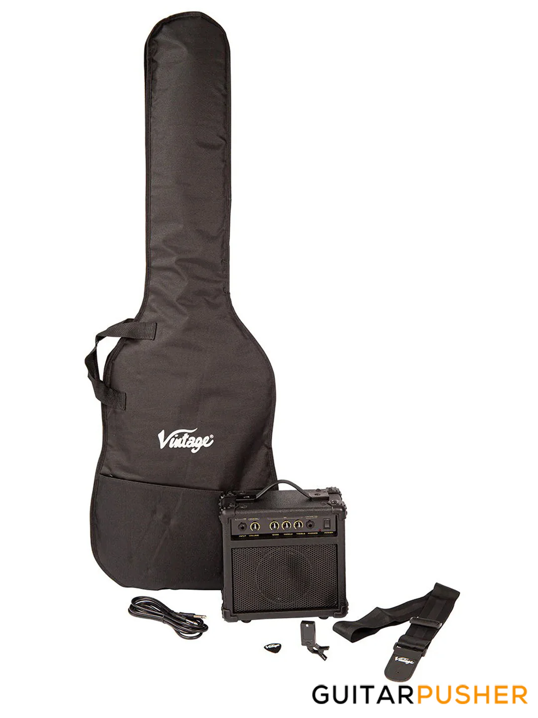 Vintage Coaster Series V495 5-String JB Bass w/ Kinsman 10-Watt Bass Amplifier, Gig Bag, & Accessories - Boulevard Black - Image 9