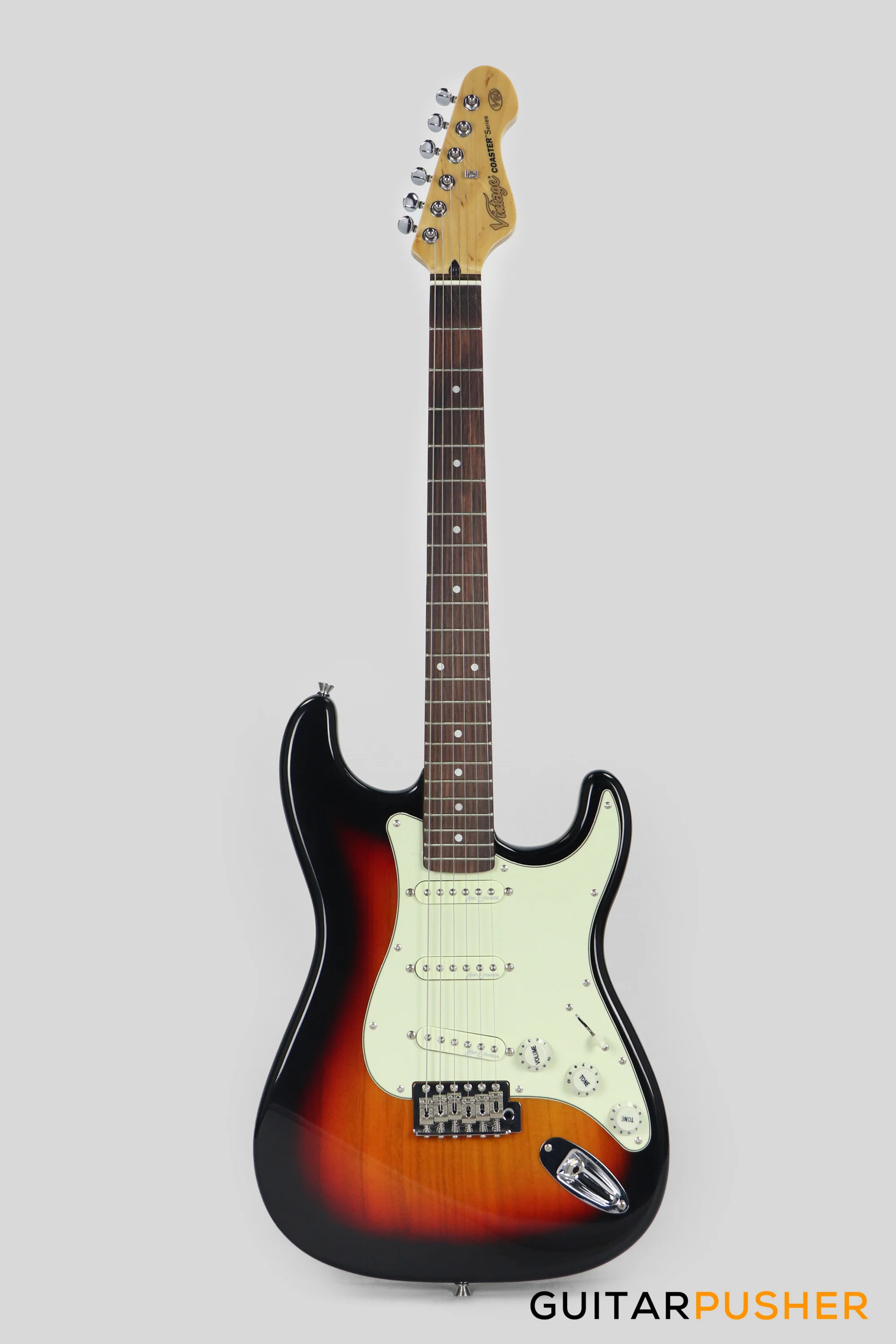 Vintage Coaster Series V60 S-Style Electric Guitar w/ Kinsman 10-Watt Amplifier, Gig Bag, & Accessories - 3-Tone Sunburst - Image 2